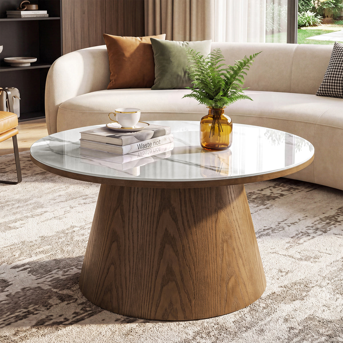 32" Round Coffee Table with Sintered Stone Top, Sculptural Solid Wood Pedestal Base
