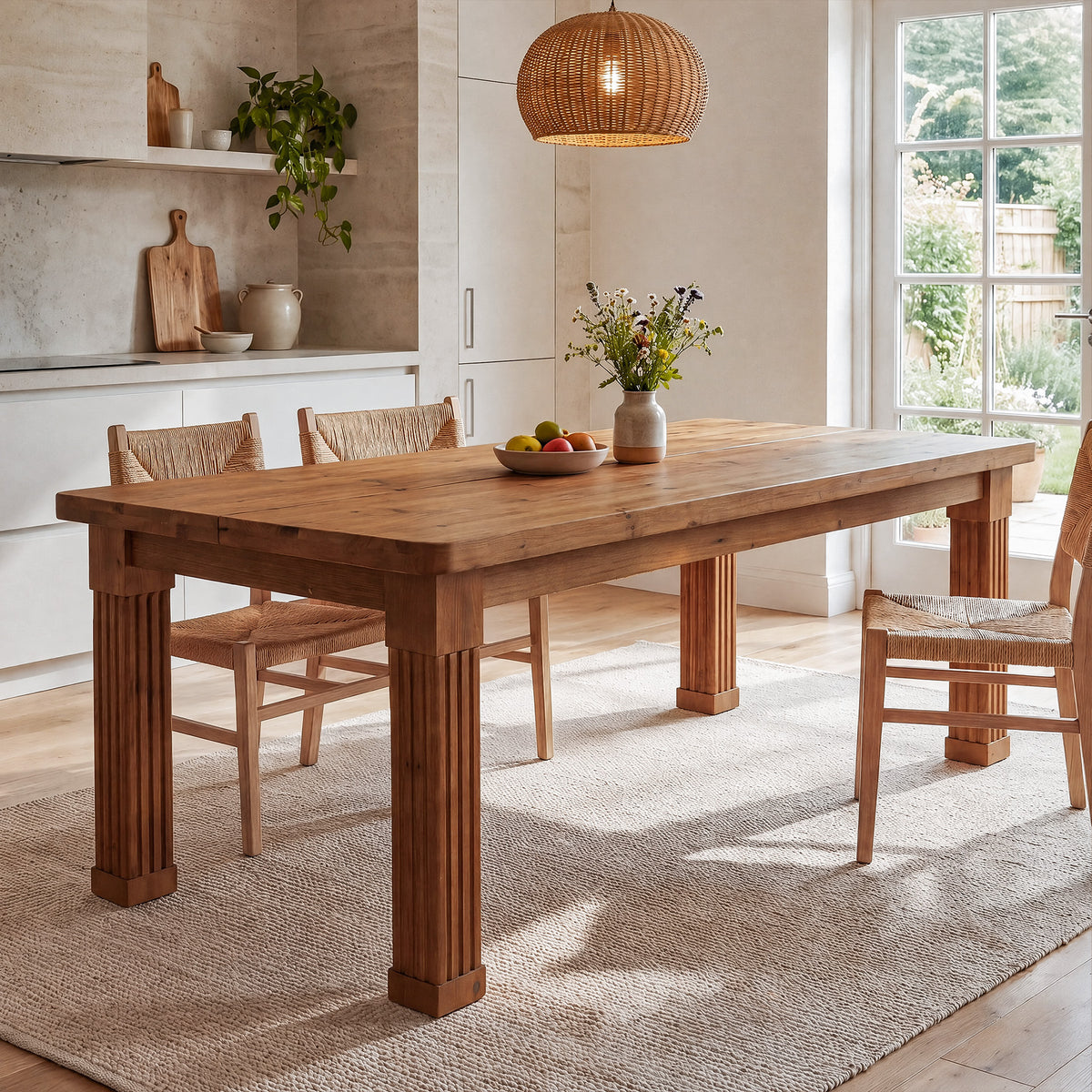 63" Farmhouse Solid Wood Dining Table for 4-6, Fluted Legs