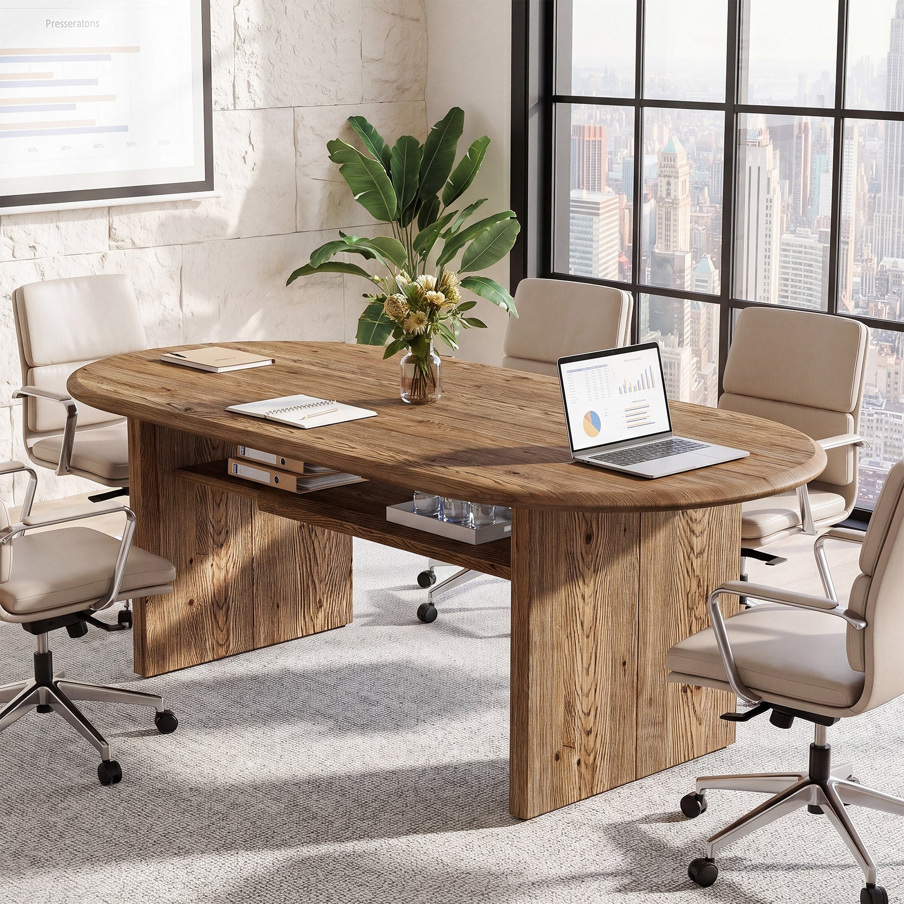 63" Solid Wood Executive Desk, Oval Computer Desk with Storage Shelf for Home Office