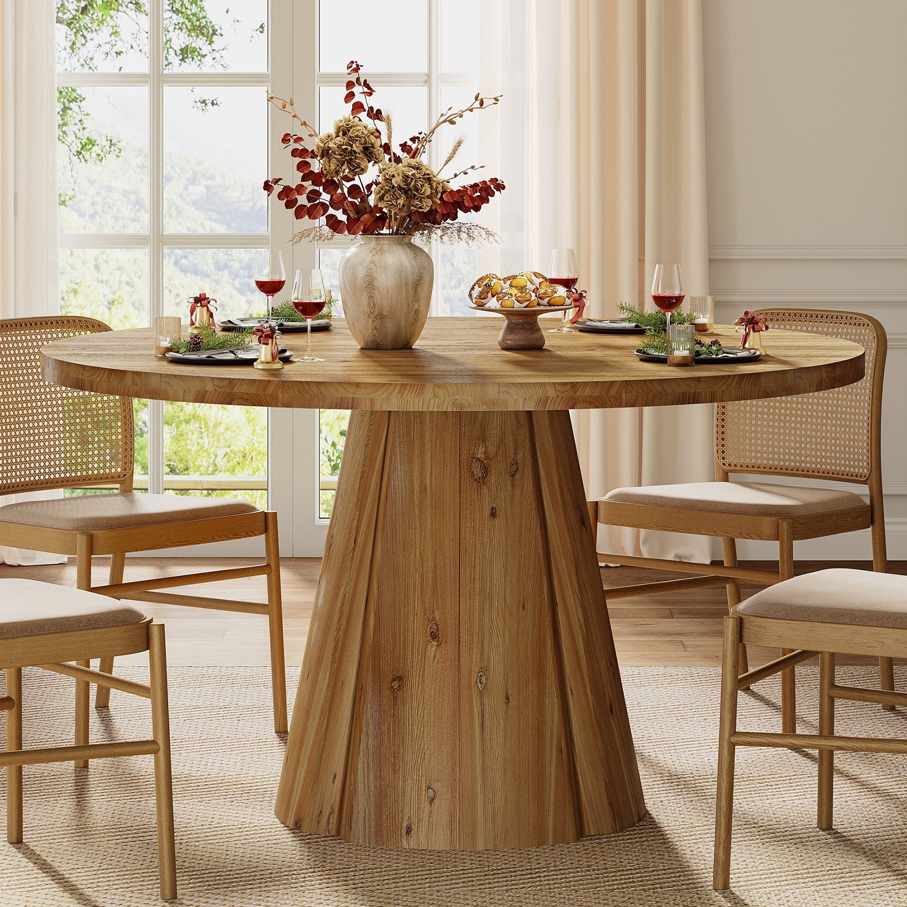 47.24" Solid Wood Dining Table, Round Kitchen Table with Pedestal Base for 4-6