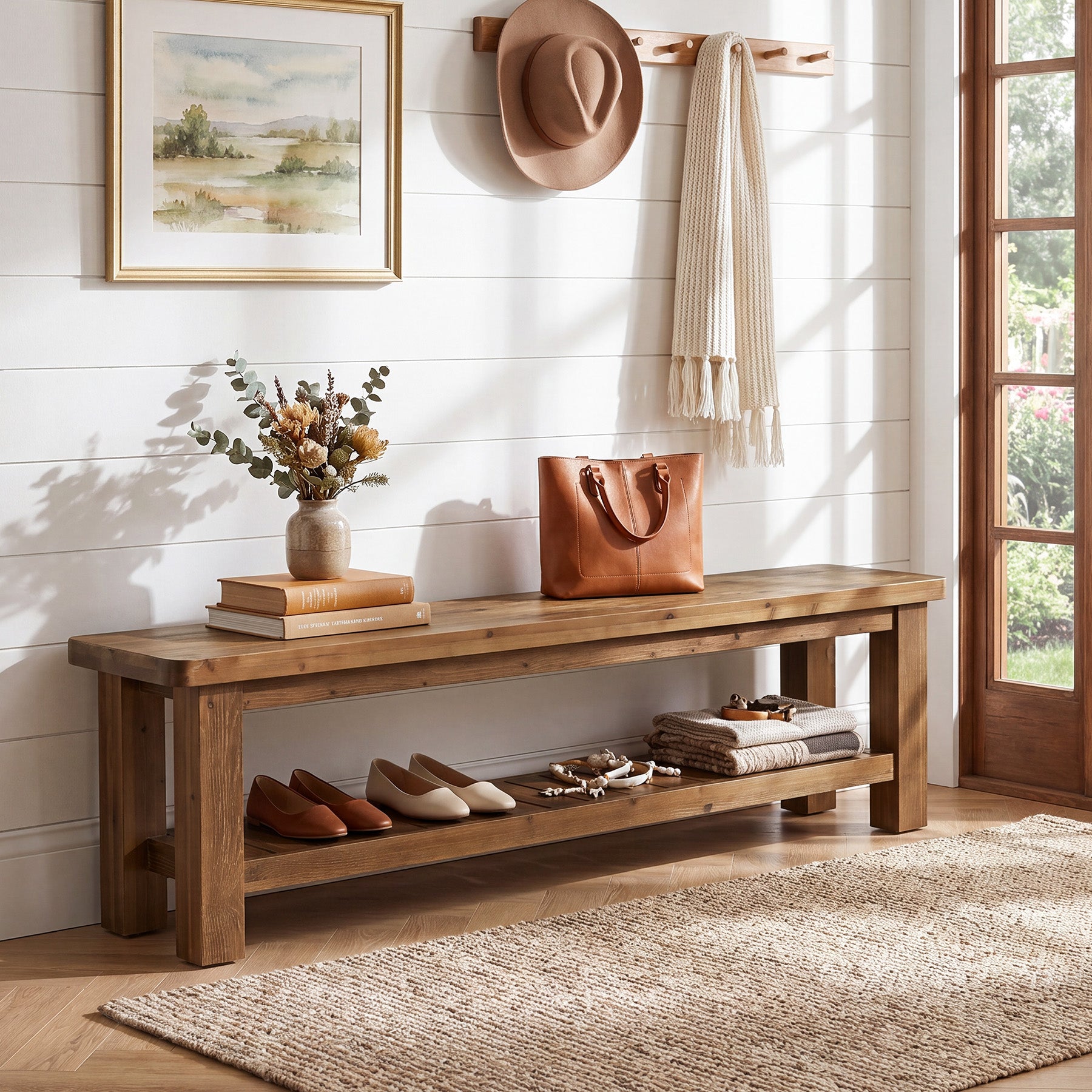 63" Solid Wood Entryway Bench with Storage, 2-Tier Farmhouse Shoe Bench for Hallway
