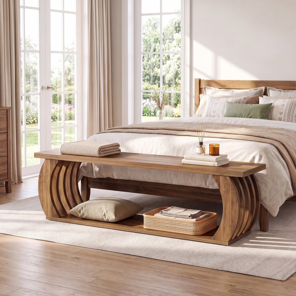 63" Farmhouse End of Bed Bench with Storage, 2-Tier Curved Hollow Legs