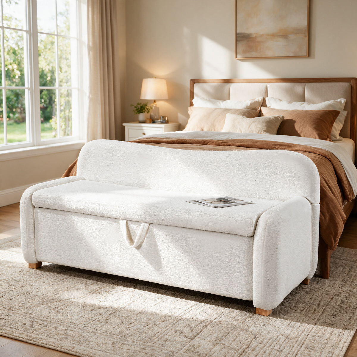55" Faux Sheepskin Ottoman Bench, White Backrest Storage, End of Bed Bedroom