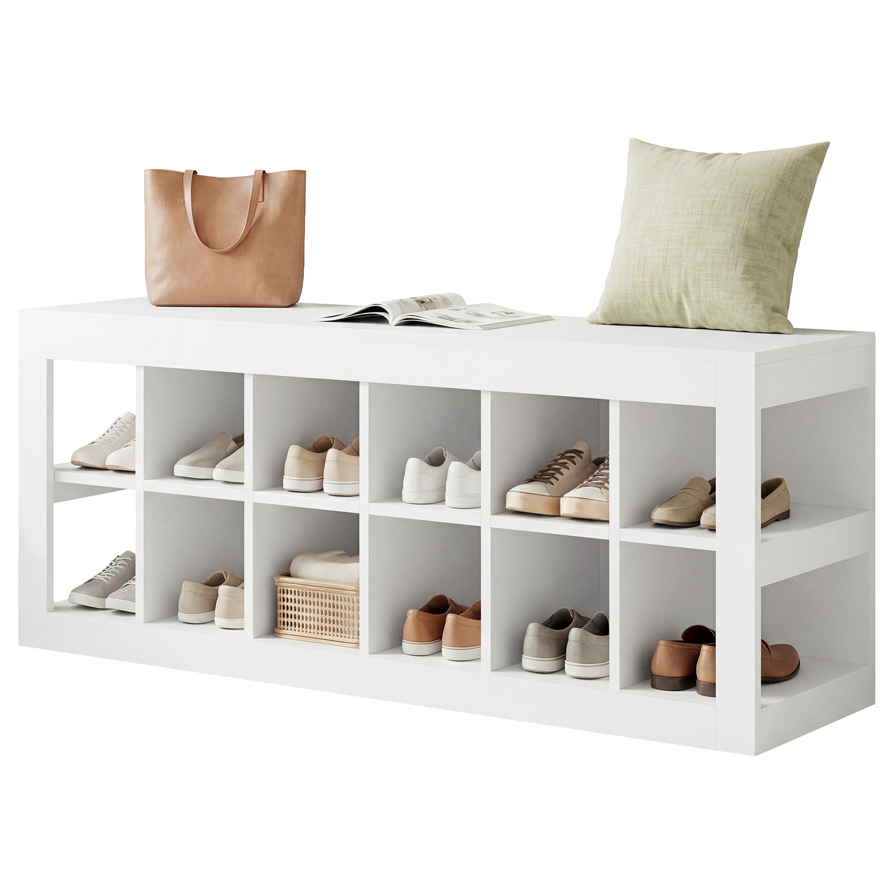 52.36" Shoe Storage Bench with 12 Cubbies, Wooden Entryway Bench for Hallway