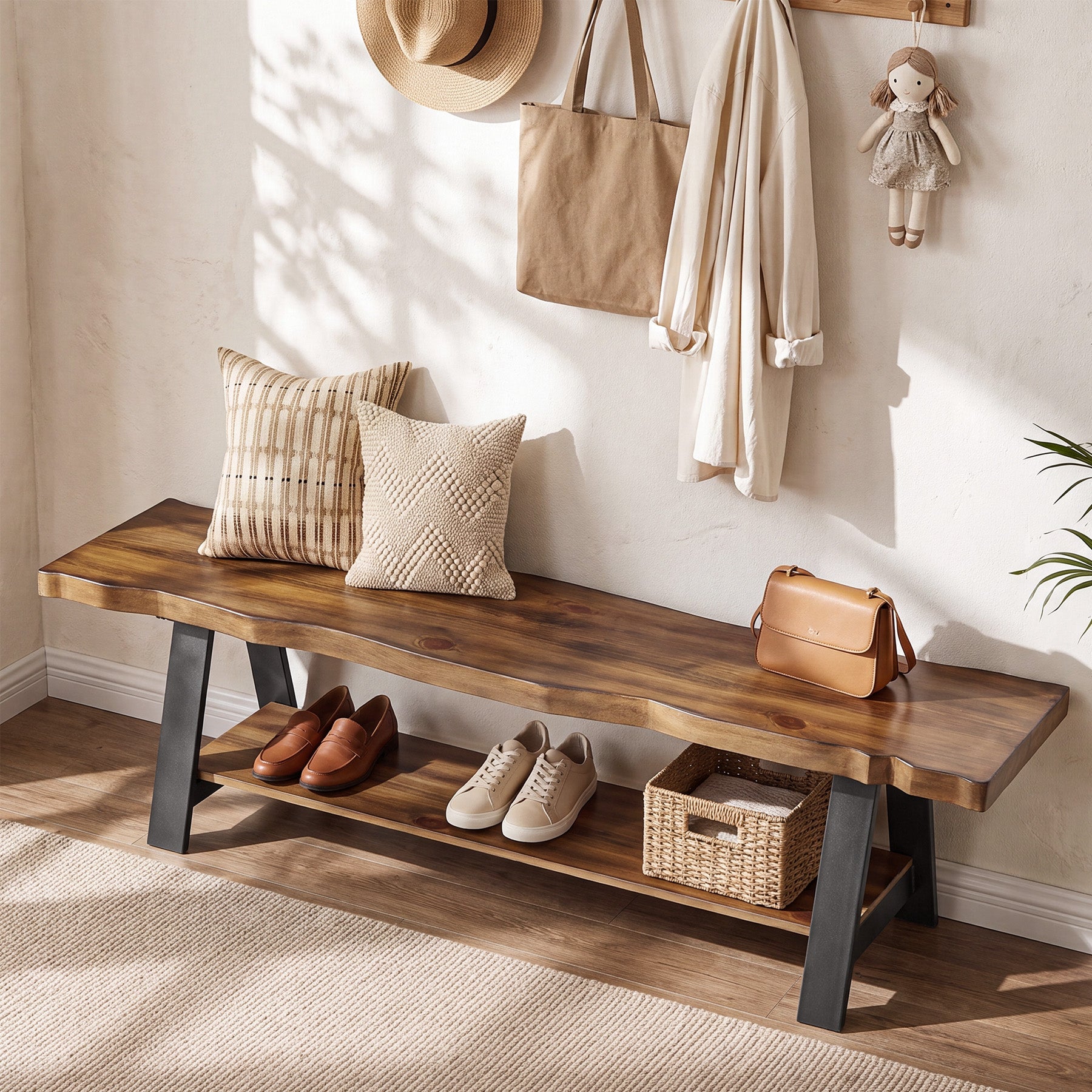55" Solid Wood Entryway Bench, Farmhouse Shoe Bench with Under Storage Shelf