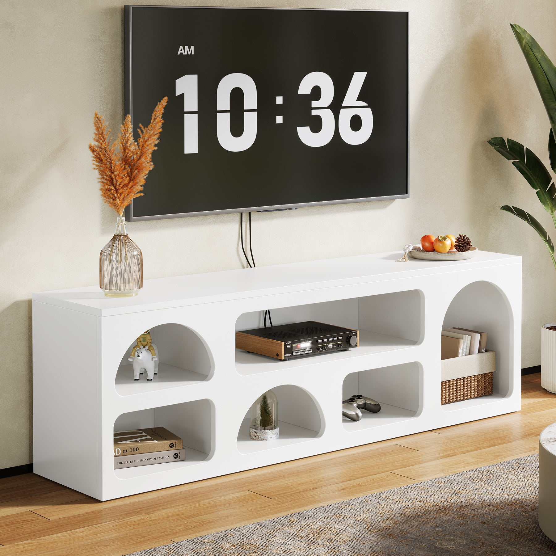 63" TV Stand for 60 to 70 Inch TVs, Modern White Media Console with 6 Open Shelves