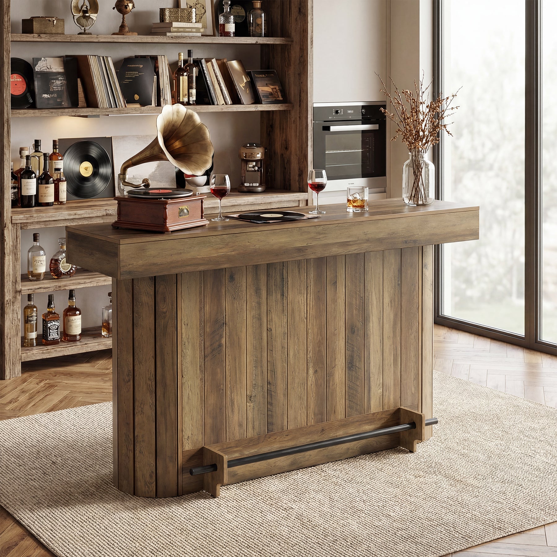 63" Industrial Bar Table with Storage Shelves & Footrest, Wooden Pub Table for Home Bar