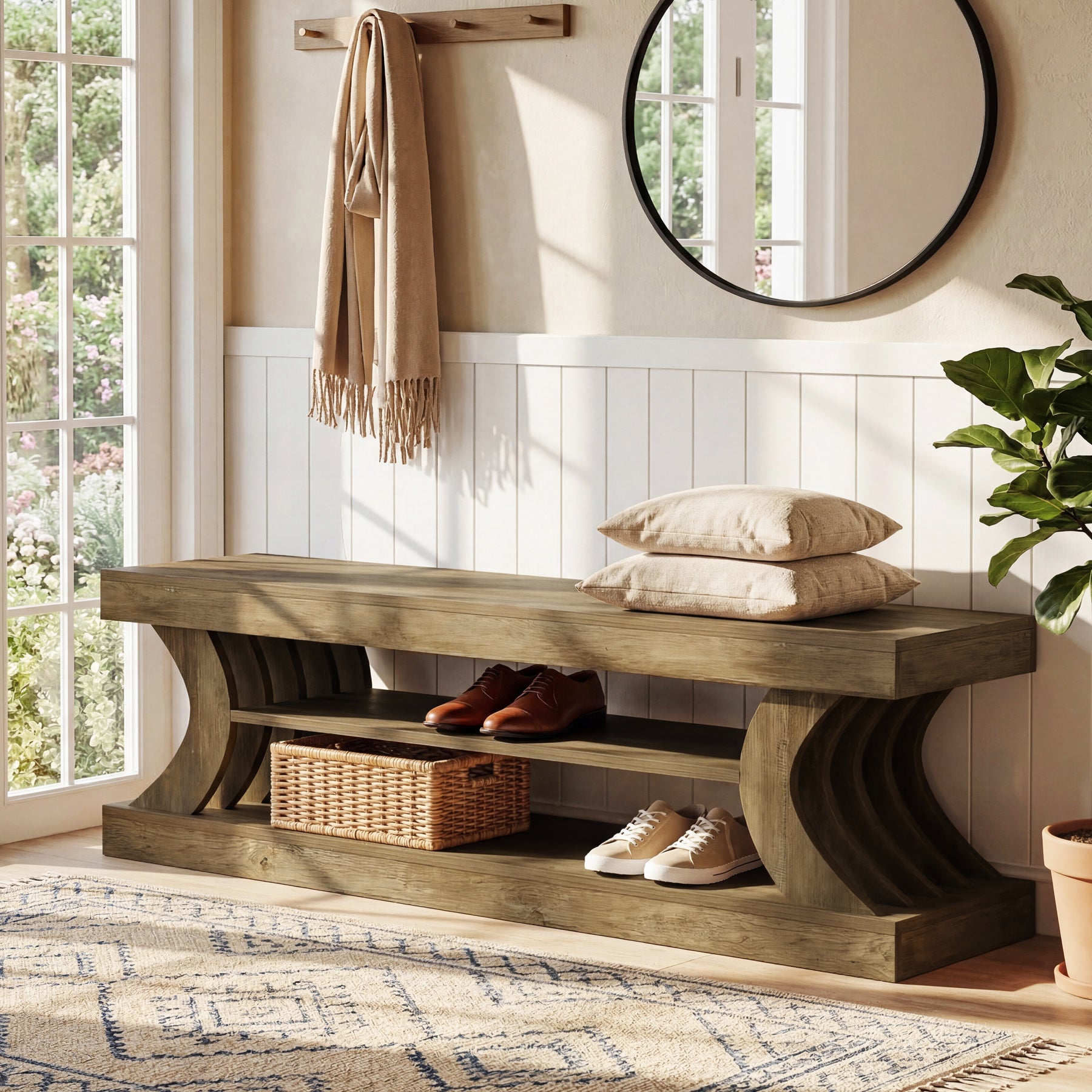 63" Entryway Bench, Wooden 3-Tier End of Bed Bench with Open Storage