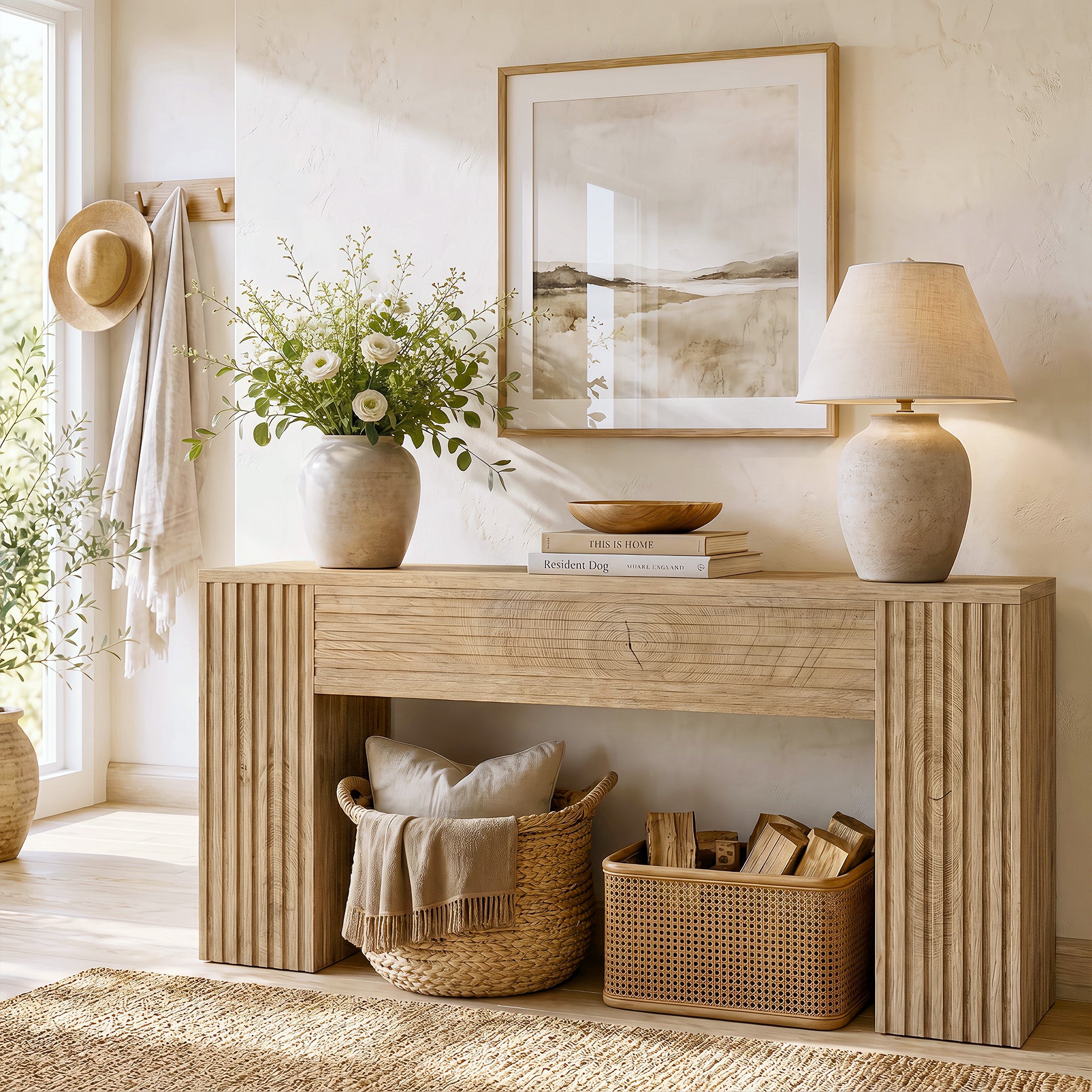 70.86" Console Table, Farmhouse Sofa Table Behind Couch with Fluted Leg Design