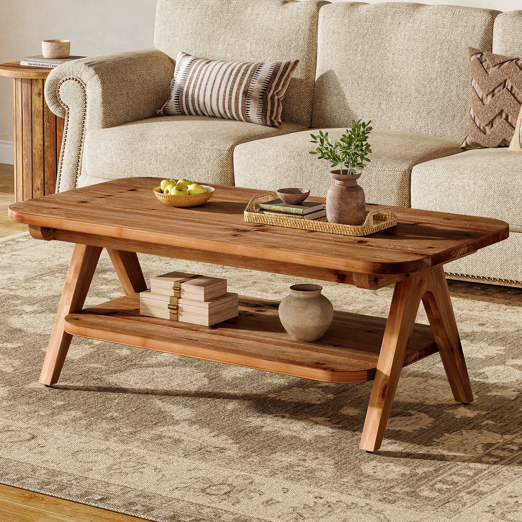 47" Coffee Table, Solid Wood 2-Tier Center Table with Storage Shelf
