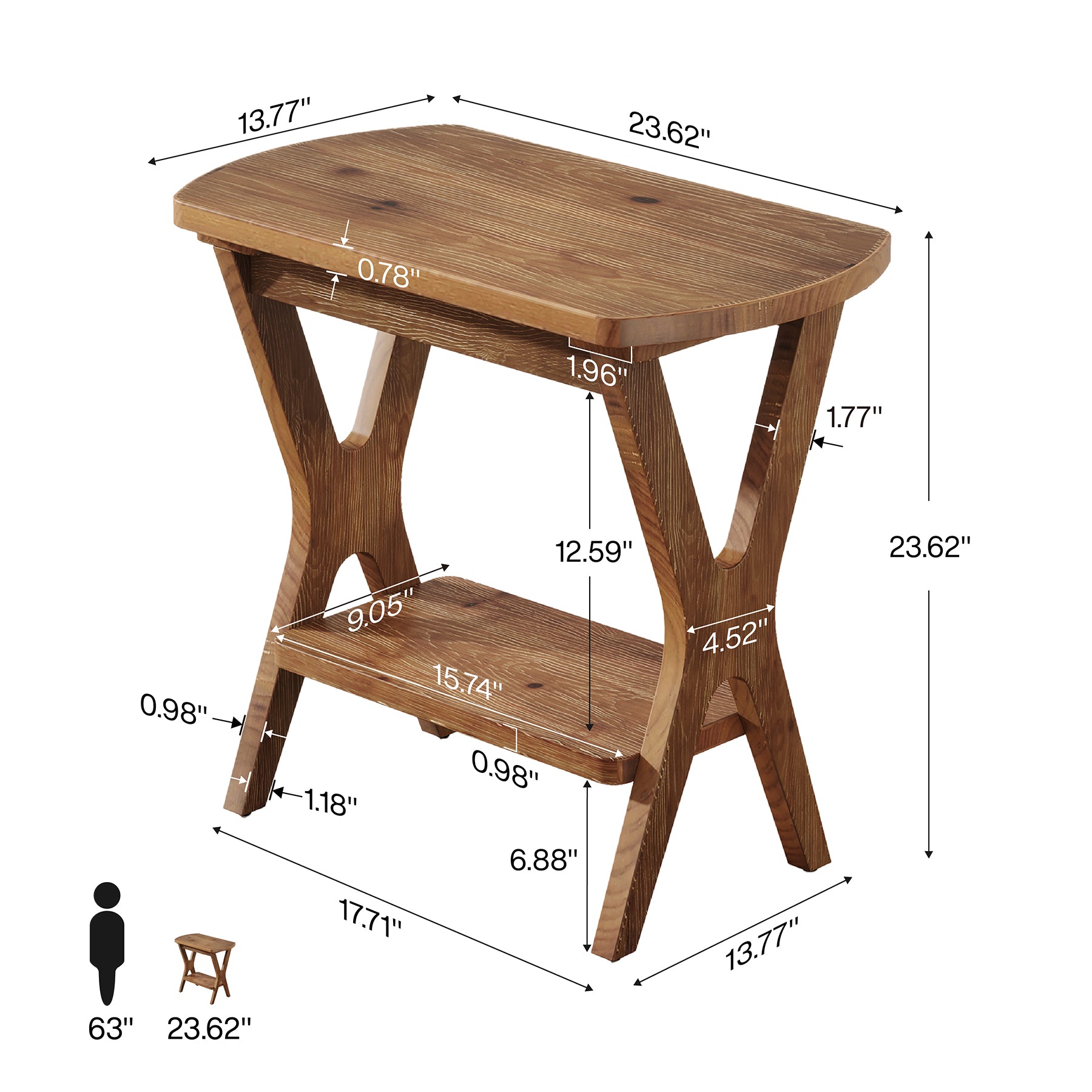 Solid Wood Side Table, 2-Tier End Table Nightstand with Storage for Living Room