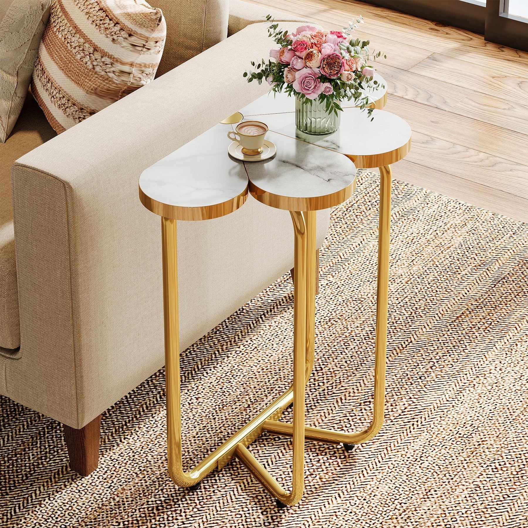 Half-Flower End Table, Faux Marble Side Table with Gold Frame