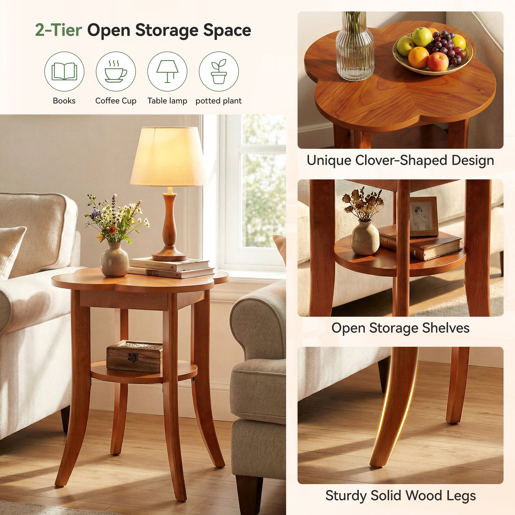 Solid Wood End Table, 2-Tier Sofa Side Table with Storage Shelf