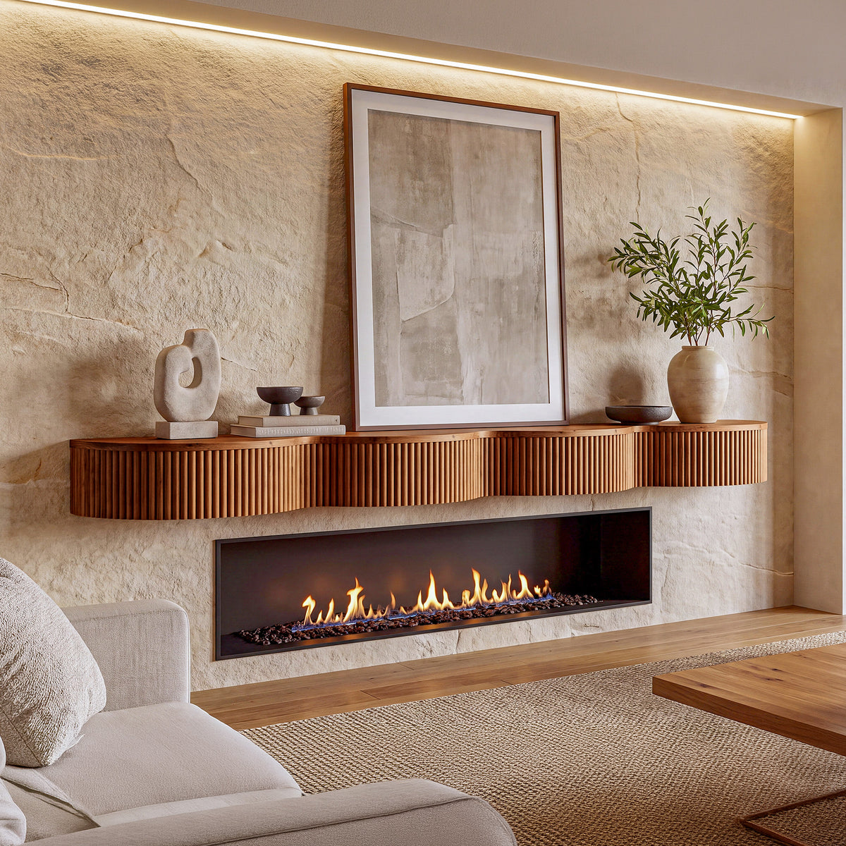 70.9" Fireplace Mantel, Solid Wood Fluted Floating Display Mantel Shelf for Living Room