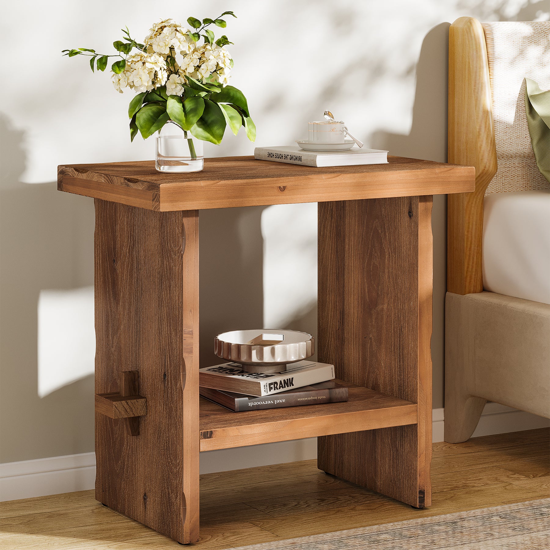 23.62-Inch Solid Wood Nightstand with Storage, Farmhouse Bedside Table with Wooden Base for Bedroom