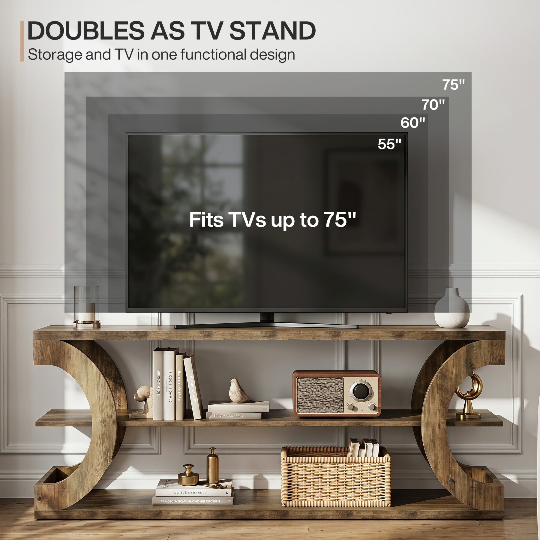 63" TV Stand for TVs up to 70", Farmhouse Entertainment Center with Shelves for Living Room