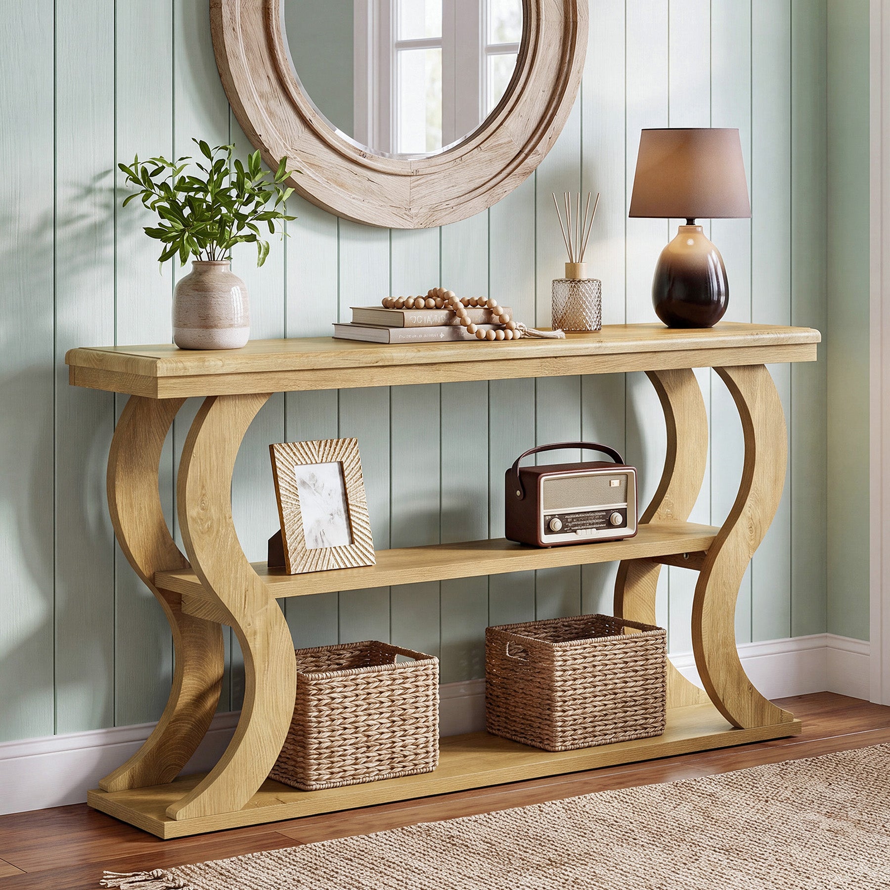 55" Console Table, Farmhouse Entryway Table Sofa Tables with 3-Tier Storage