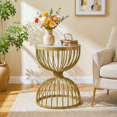 Hourglass Round End Table, Modern Accent Side Table with Faux Marble Top & Metal Frame 3