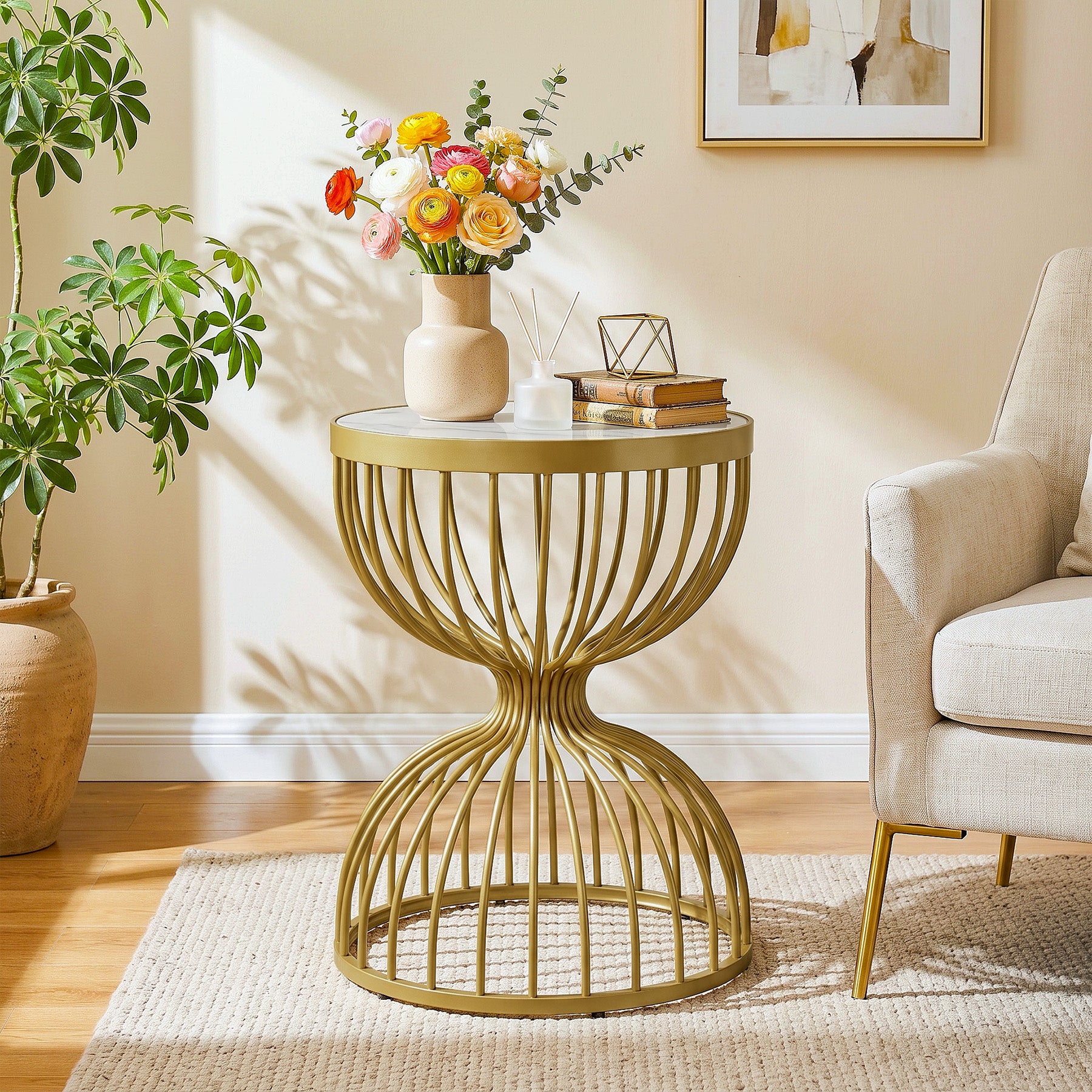 Hourglass Round End Table, Modern Accent Side Table with Faux Marble Top & Metal Frame