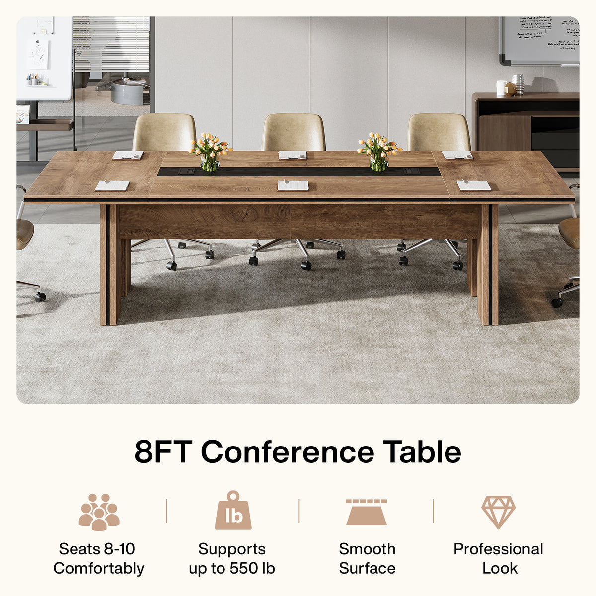 94" Conference Table for 8-10, Office Meeting Table with Rectangular Cable Grommet