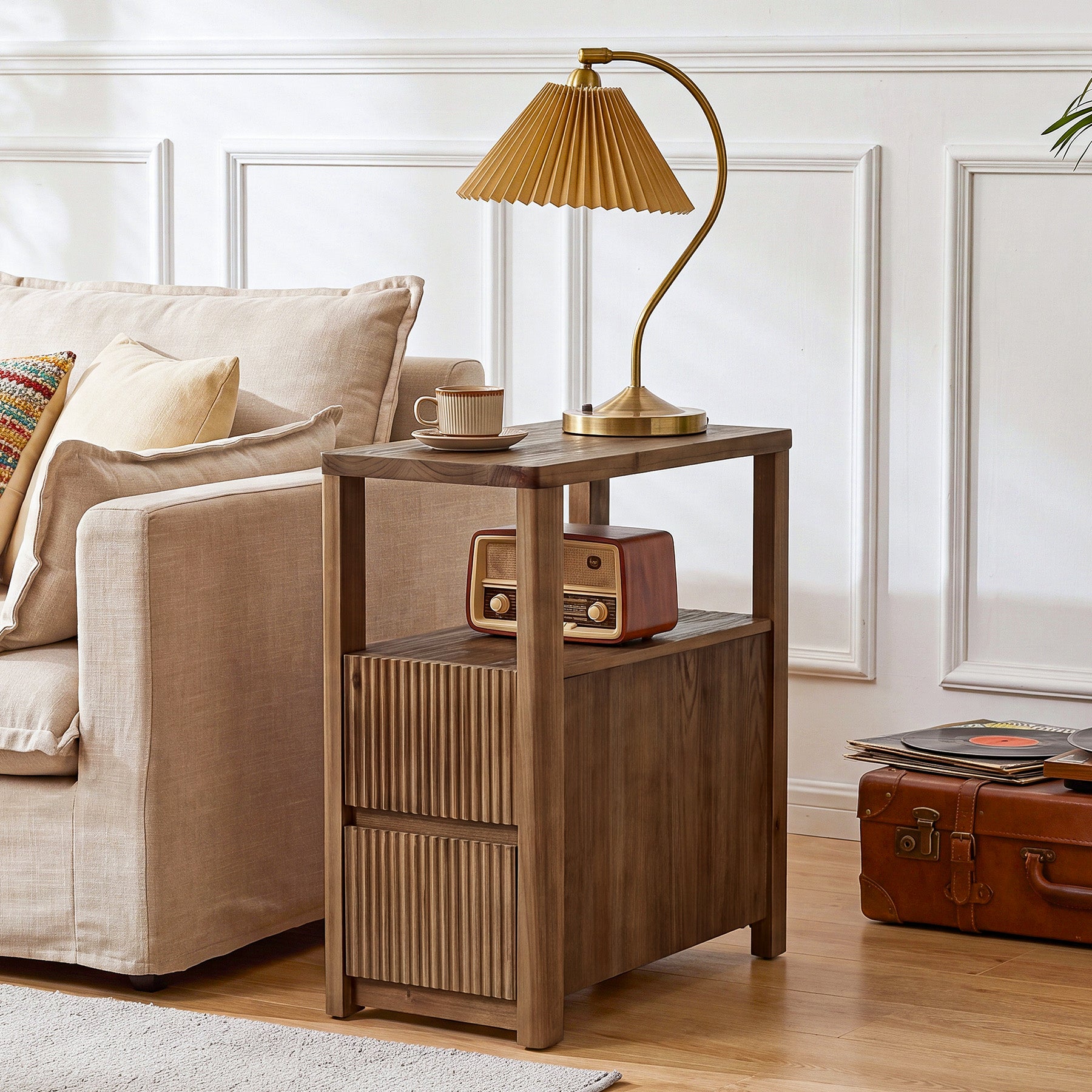 Solid Wood End Table with 2 Drawers, Narrow Side Table Nightstand for Living Room, Bedroom