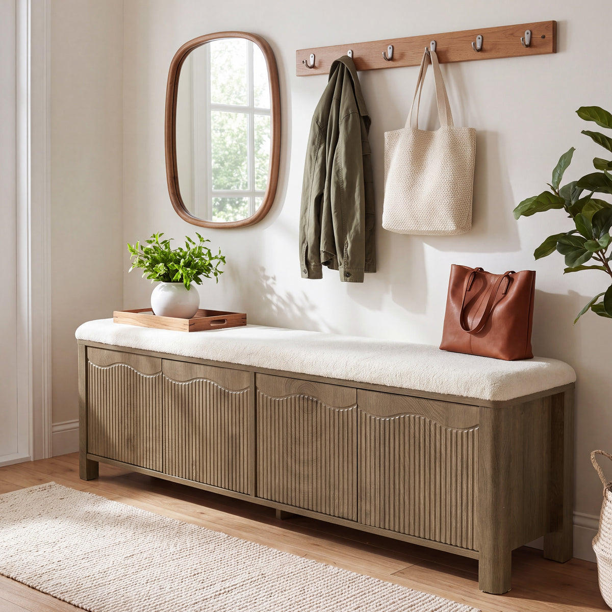 55.12" Upholstered Entryway Storage Bench, Farmhouse Shoe Bench with 4 Cabinet Doors