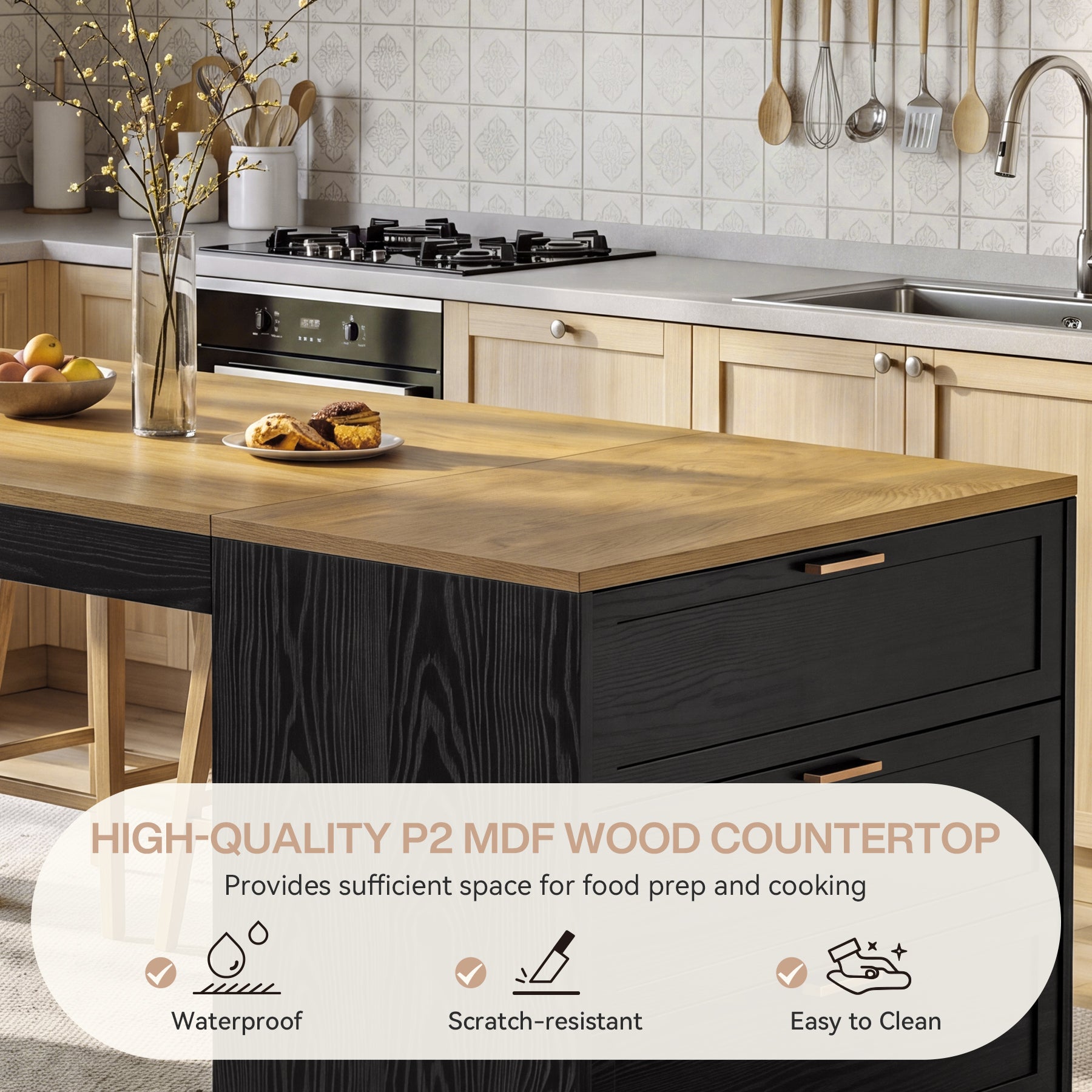78.7" Extra Long Kitchen Island with 3 Drawers, Modern Prep Table, Large Leg Room