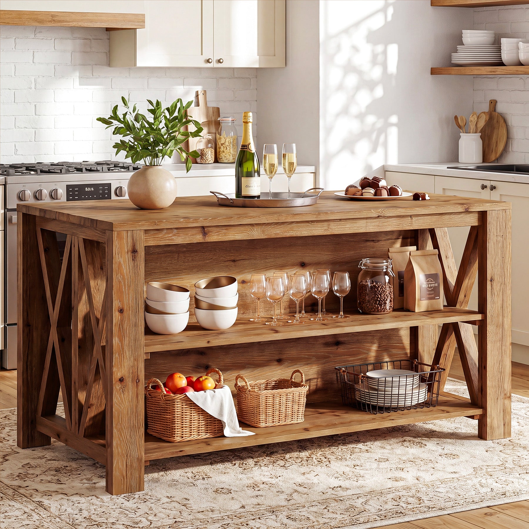 55" Solid Wood Kitchen Island, 3-Tier Stationary Storage Table For Kitchen Dining Room