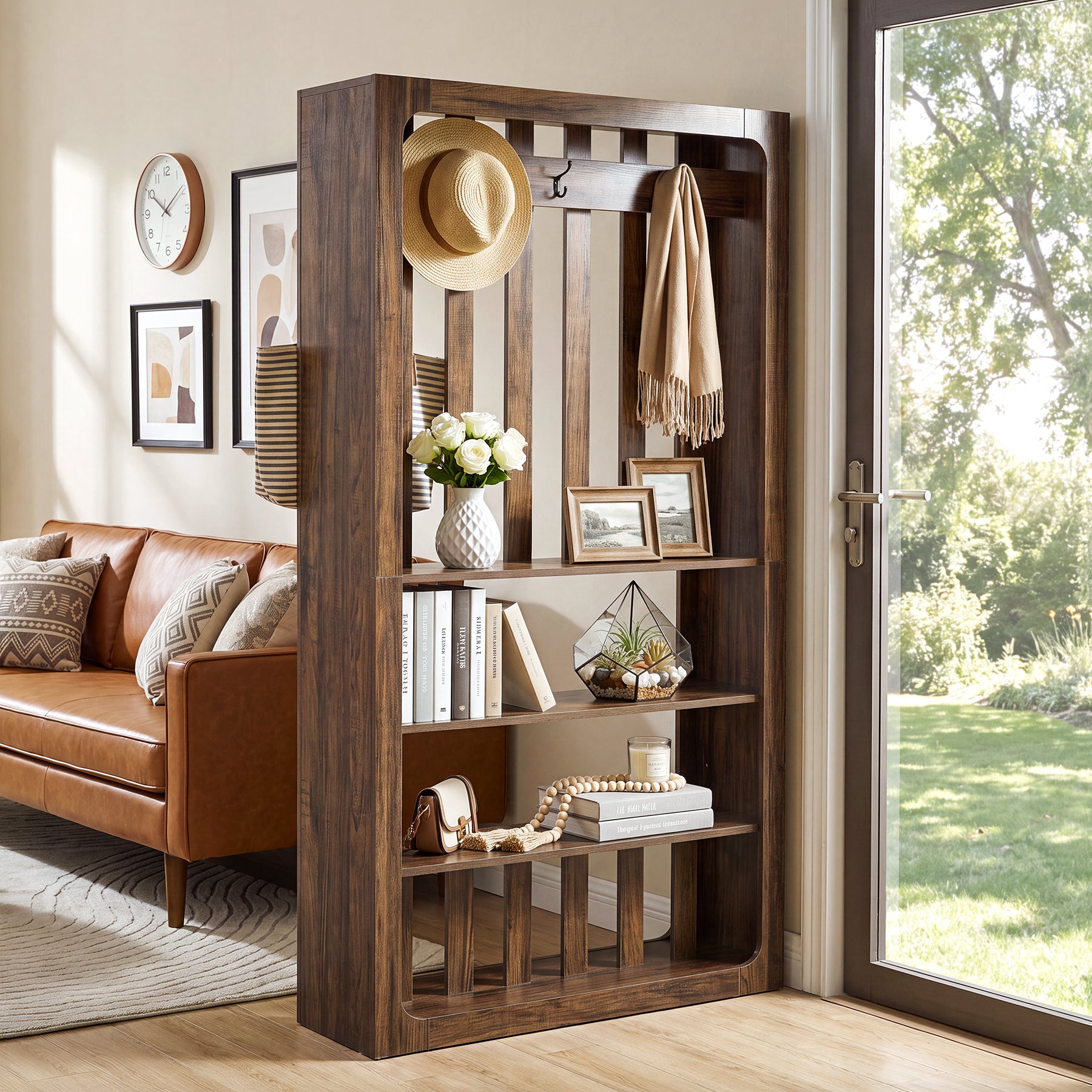 70.9" Room Divider Bookcase with Shelves & Coat Hooks, Freestanding Wood Wall Partition for Home Office