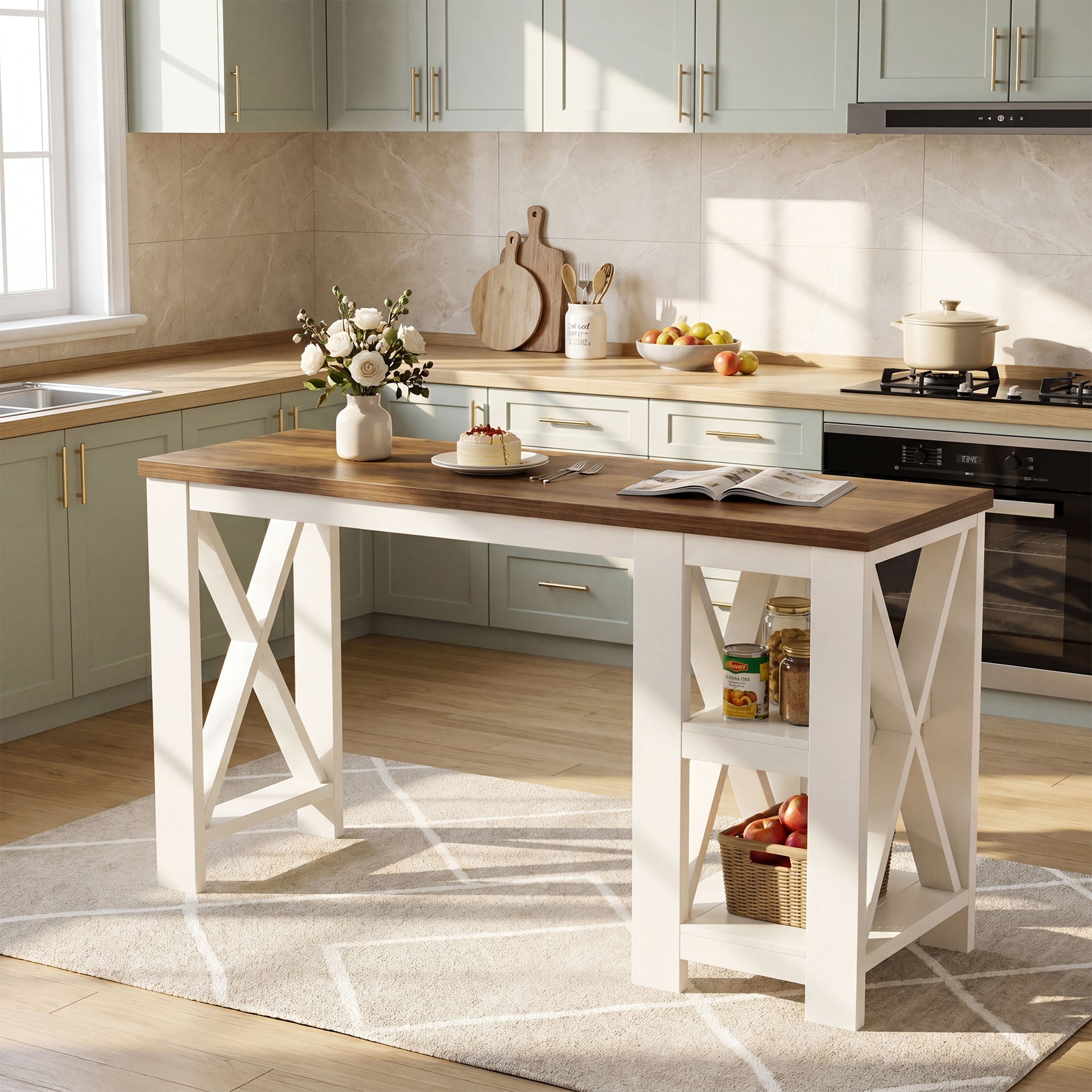 62.2" Kitchen Island, Large Counter Height Bar Table with Side Storage Shelves