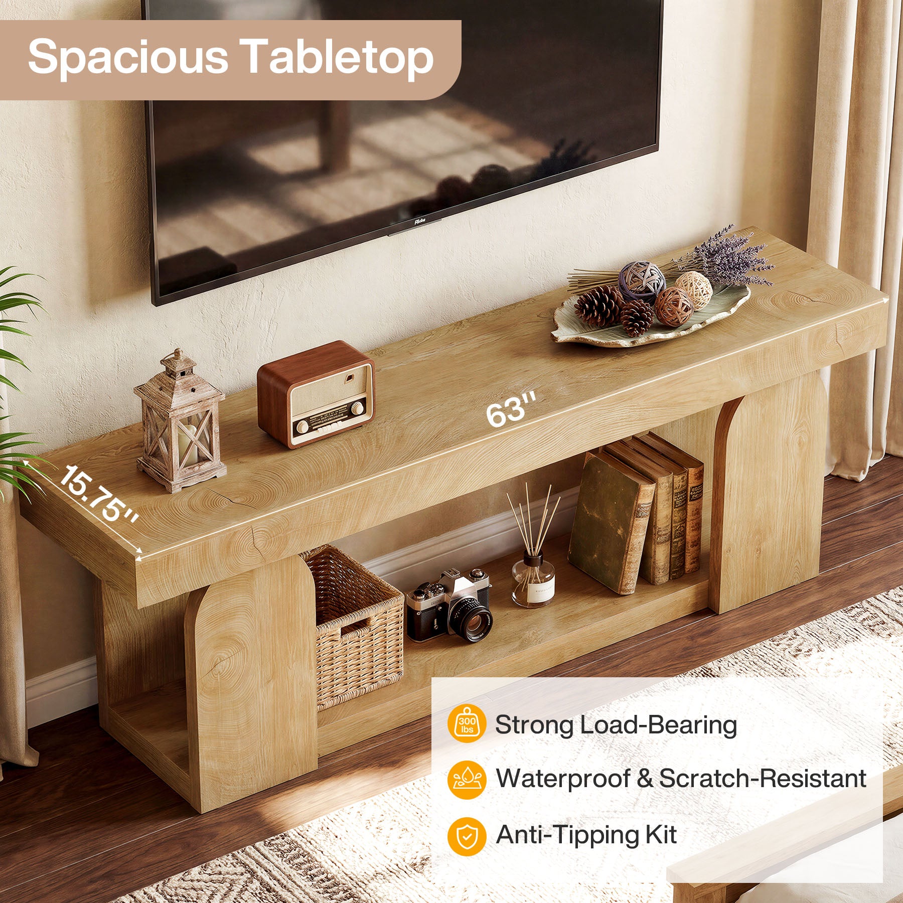 63" Farmhouse TV Stand for TVs up to 75", Wooden Entertainment Center with Open Storage Shelf