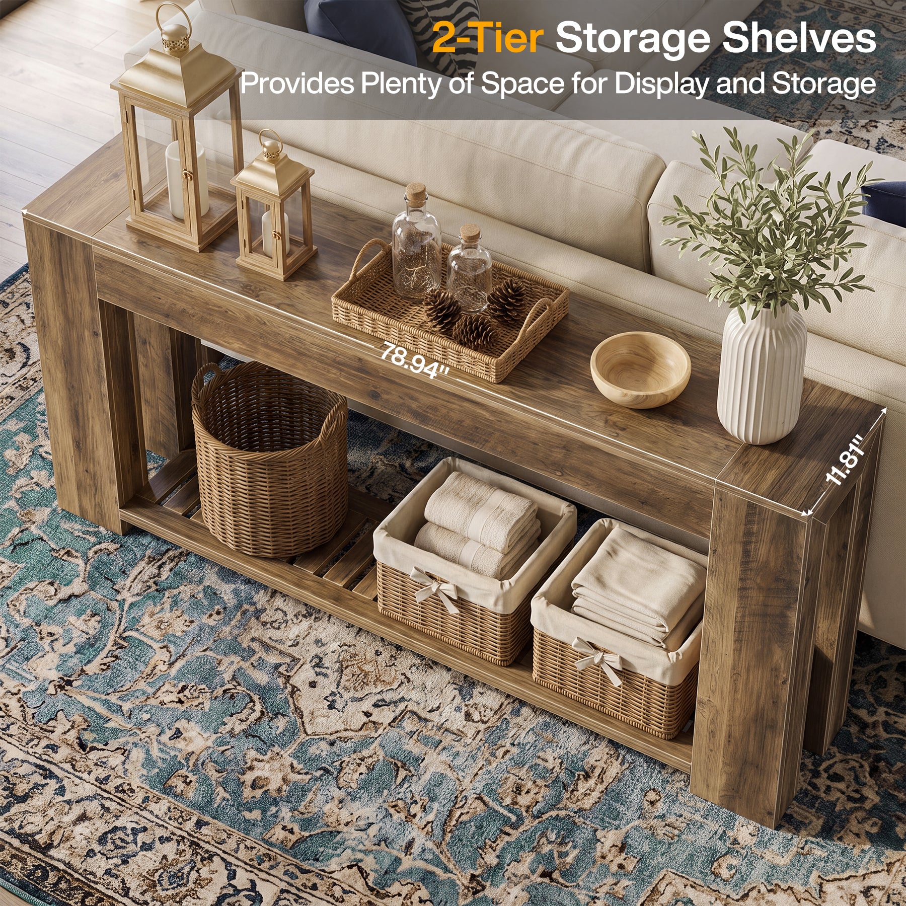 79" Console Table with Storage Shelf, Farmhouse Narrow Sofa Table Behind Couch