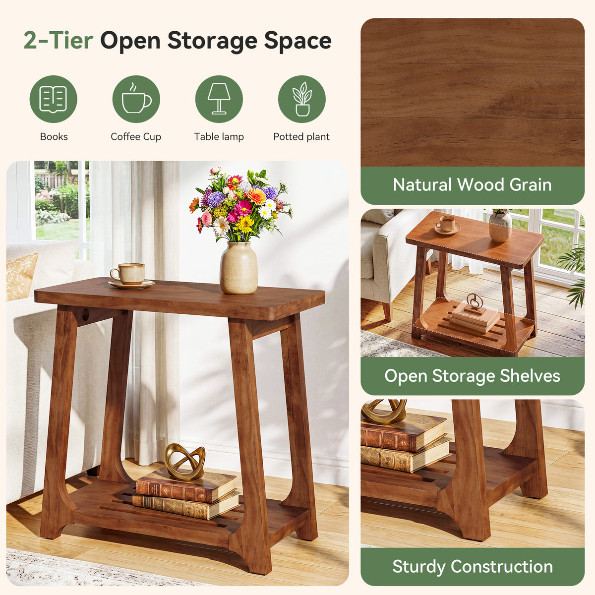 Narrow Solid Pine Wood Side Table, 2-Tier Rectangular End Table with Storage