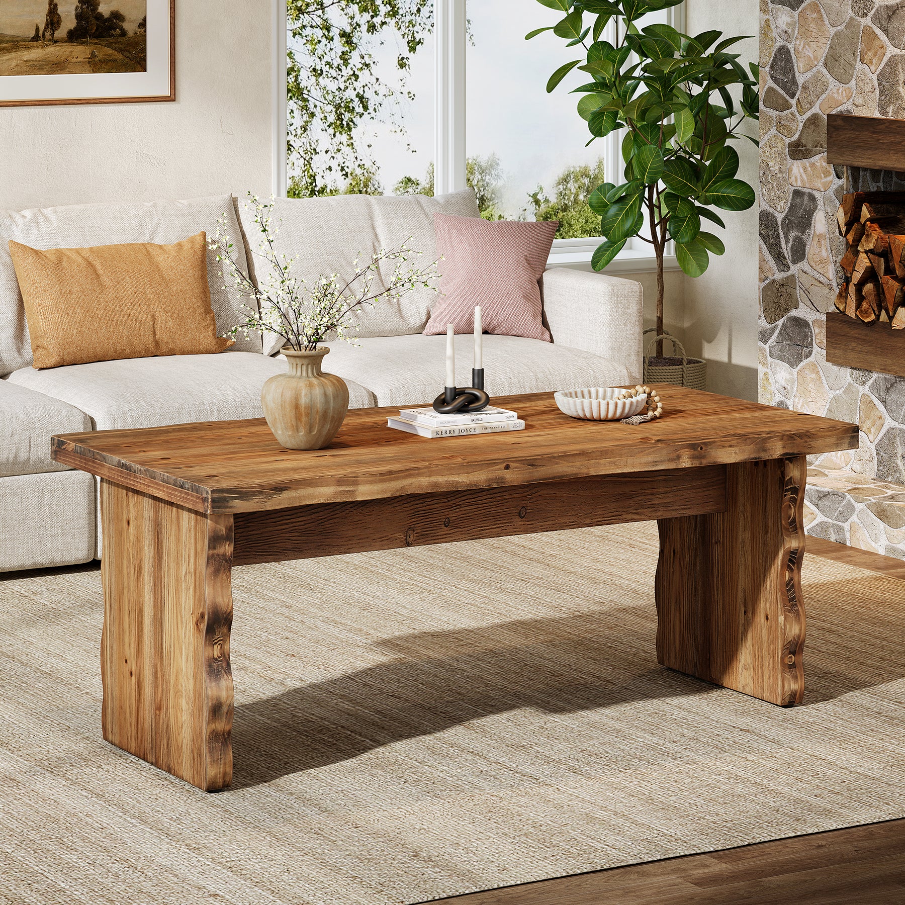 47.24" Solid Wood Coffee Table, Rectangular Center Table For Living Room