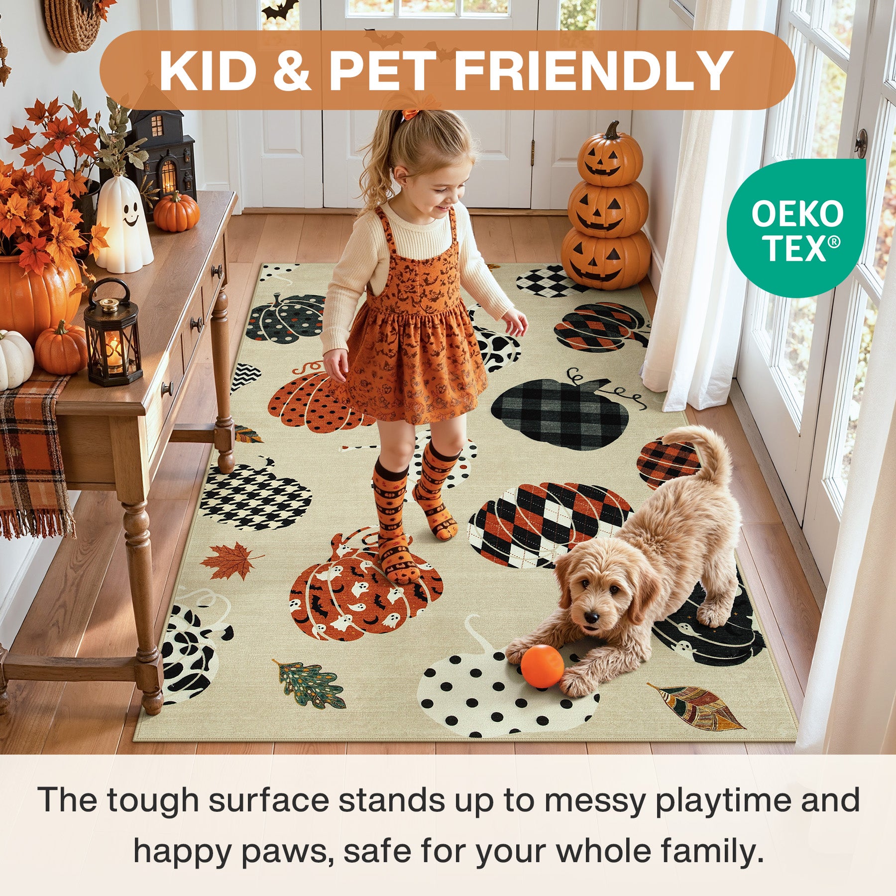 Multiple Sizes Fall Pumpkin Area Rug, Rectangular Washable Non-Slip Halloween Farmhouse Runner Rug