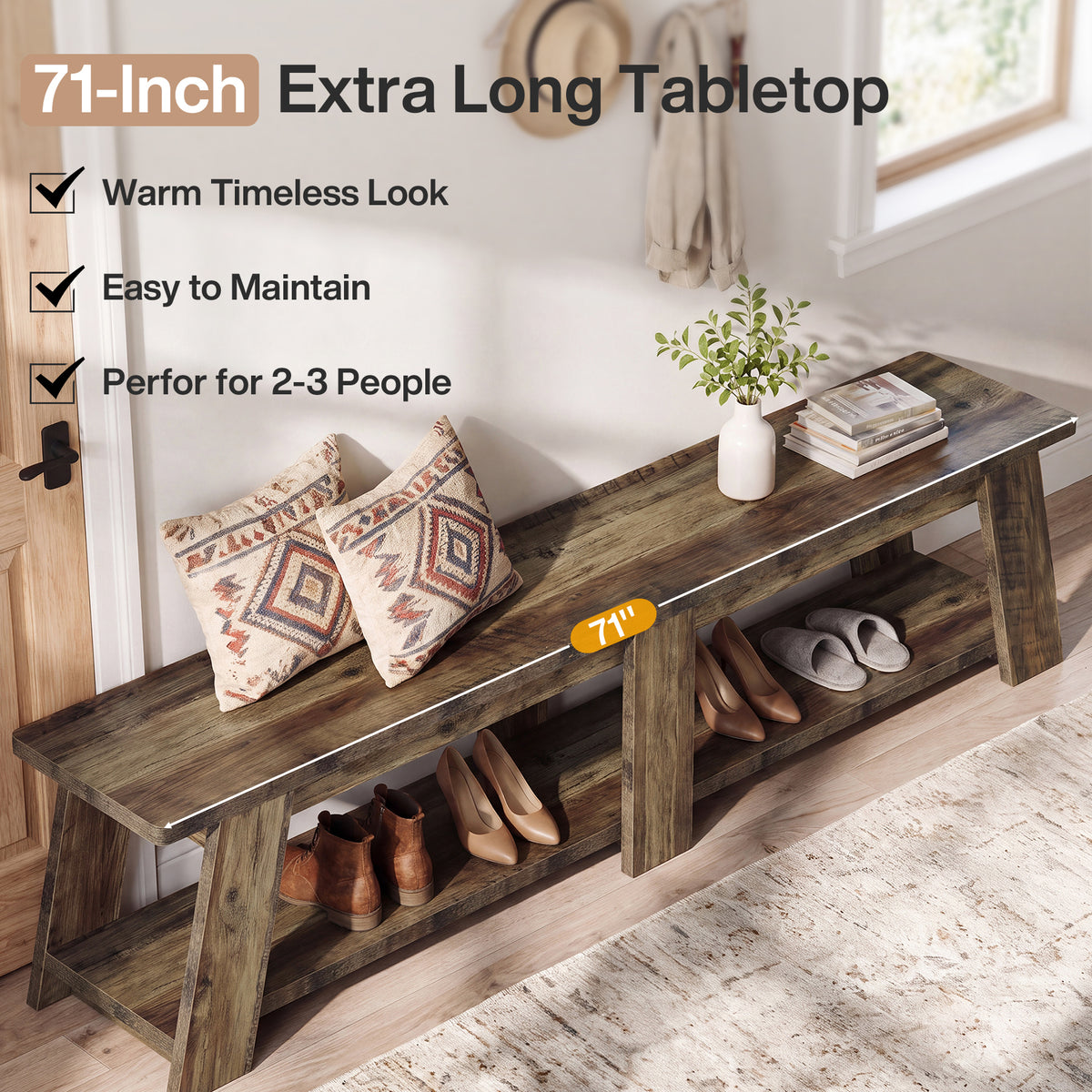 71" Entryway Bench, 2-Tier Shoe Bench with Trapezoid-Style Legs for Hallway