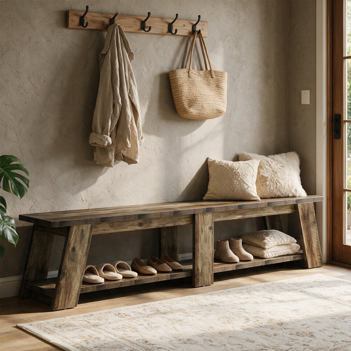 71" Entryway Bench, 2-Tier Shoe Bench with Trapezoid-Style Legs for Hallway