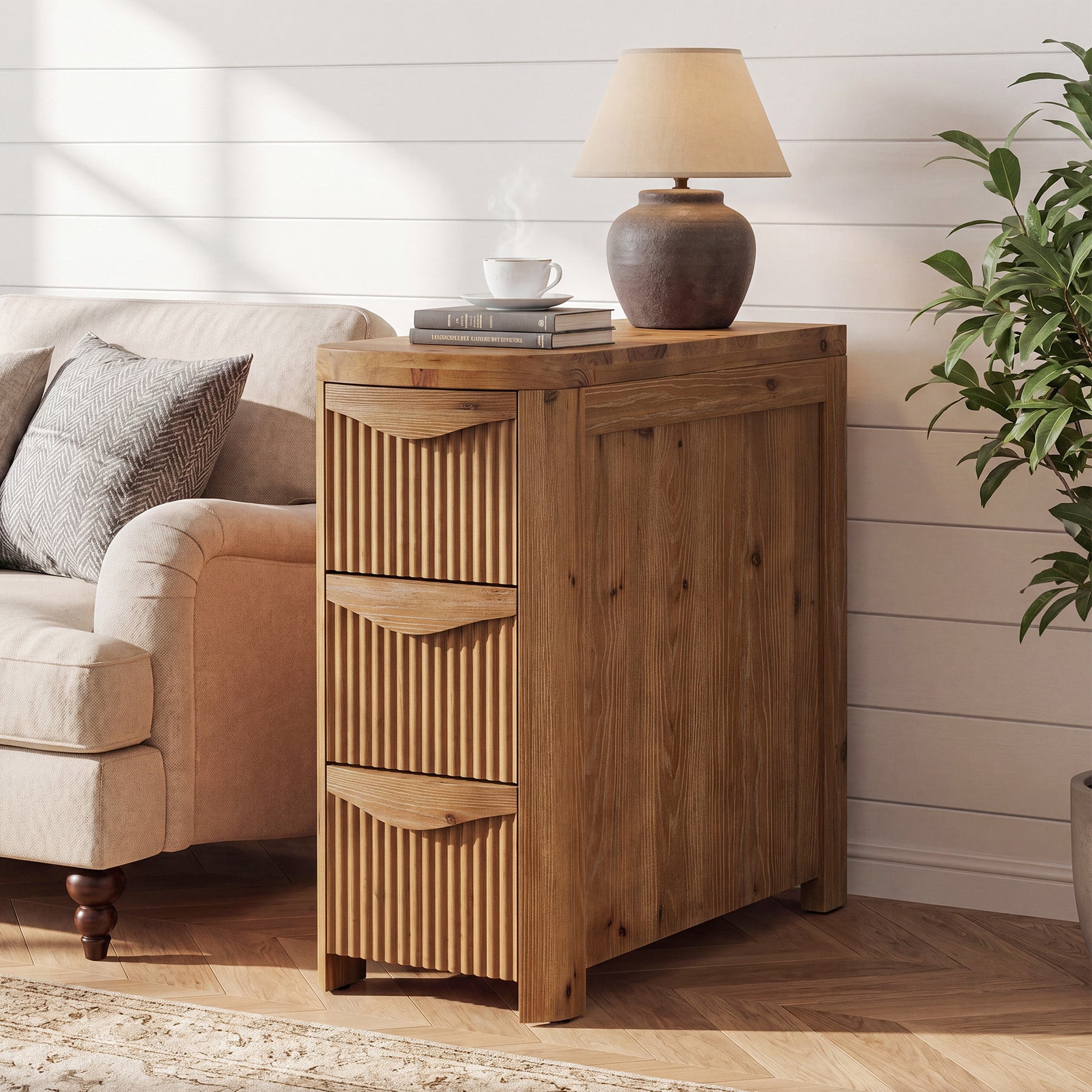 Solid Wood End Table with 3 Drawers, 24" Farmhouse Side Table for Small Spaces