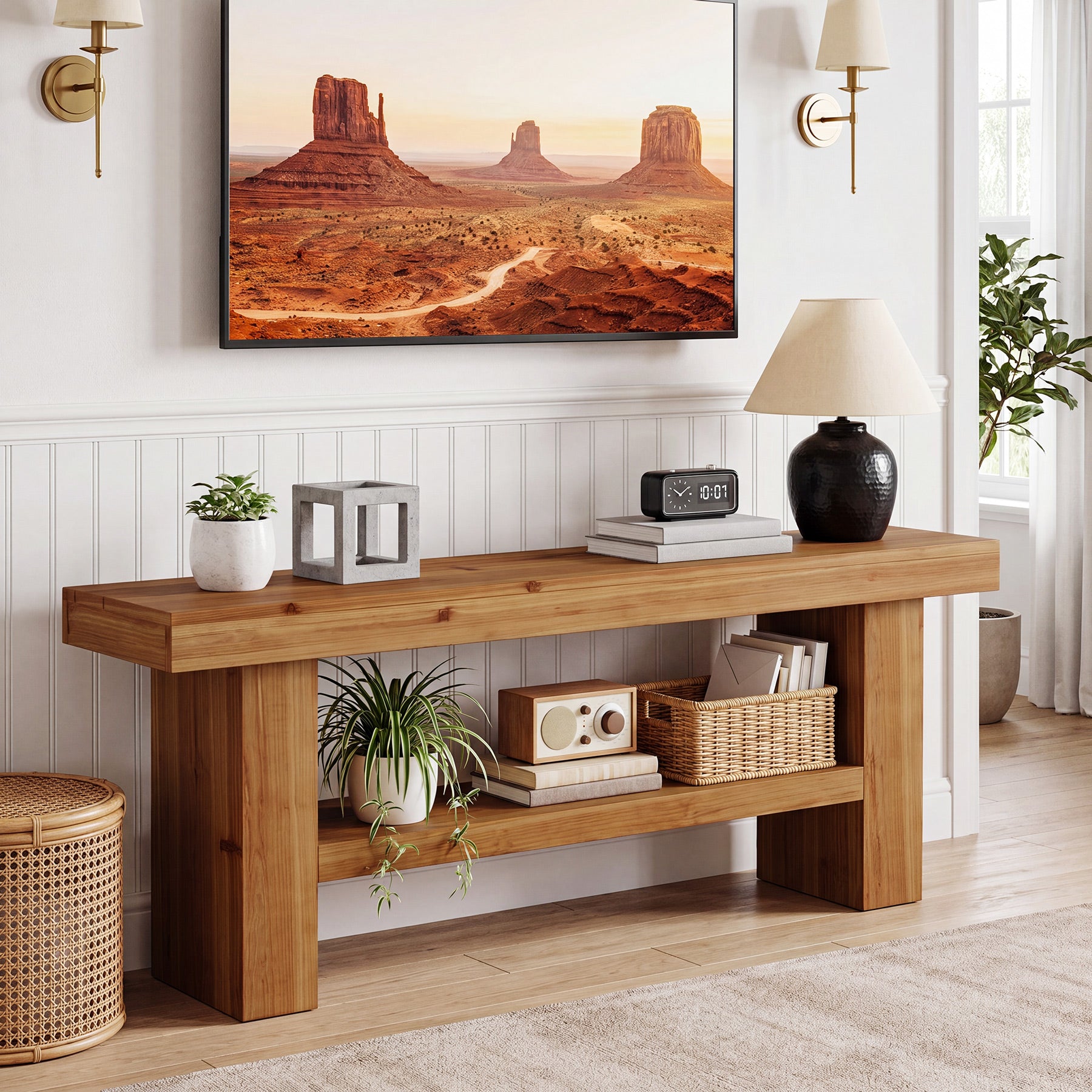 63" Solid Wood TV Stand for TVs up to 75", Entertainment Center with 2-Tier Shelves for Living Room