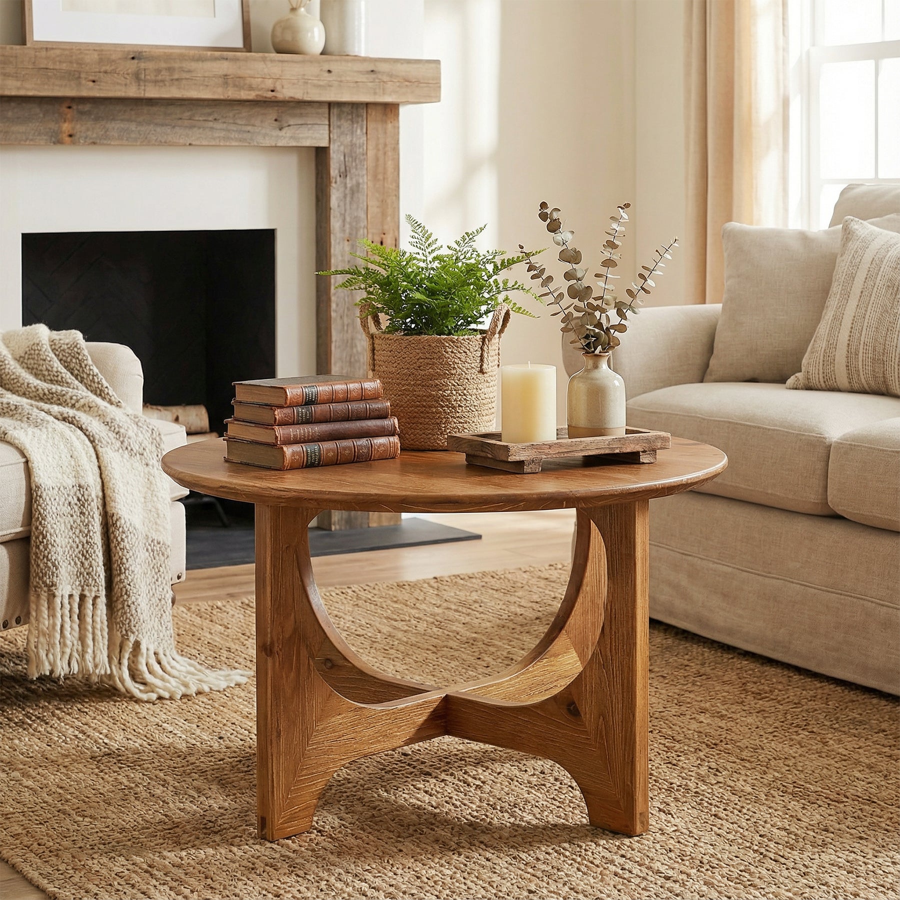 Solid Wood Coffee Table, 31.5" Round Center Table for Living Room
