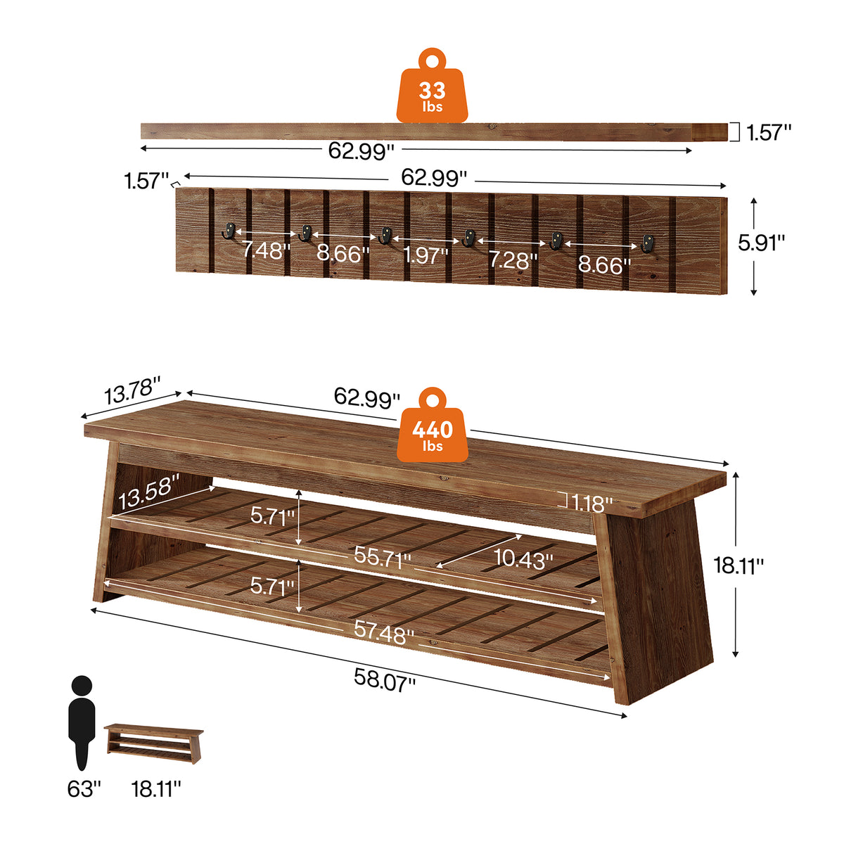 3-Piece Solid Wood Entryway Set, 63" W Coat Rack Set with Bench