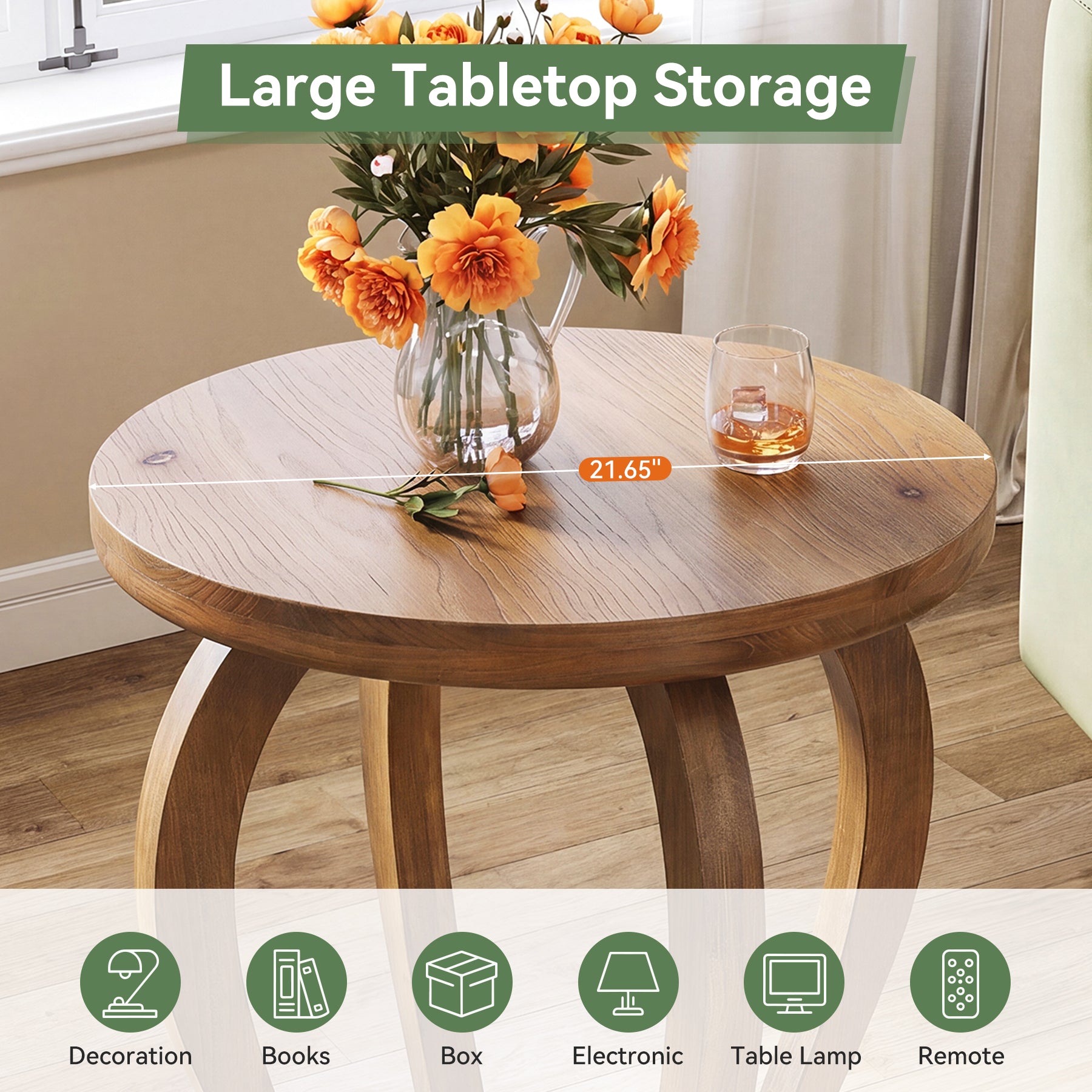 Solid Wood Round End Table, Accent Side Table with Curved Base for Living Room
