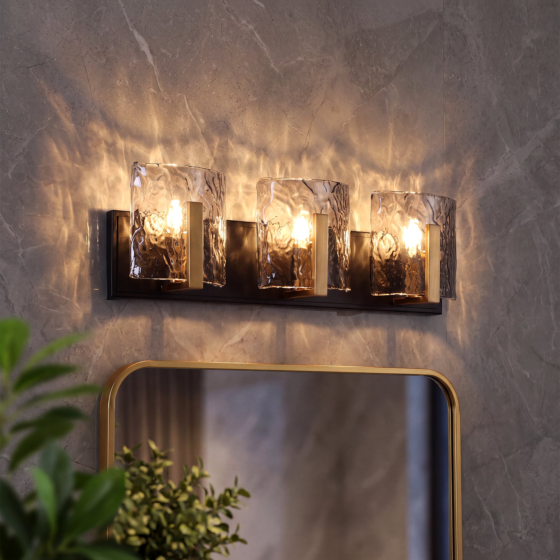3‑Light Bathroom Light Fixtures, Modern Vanity Light with Smoky Gray Water Ripple Glass