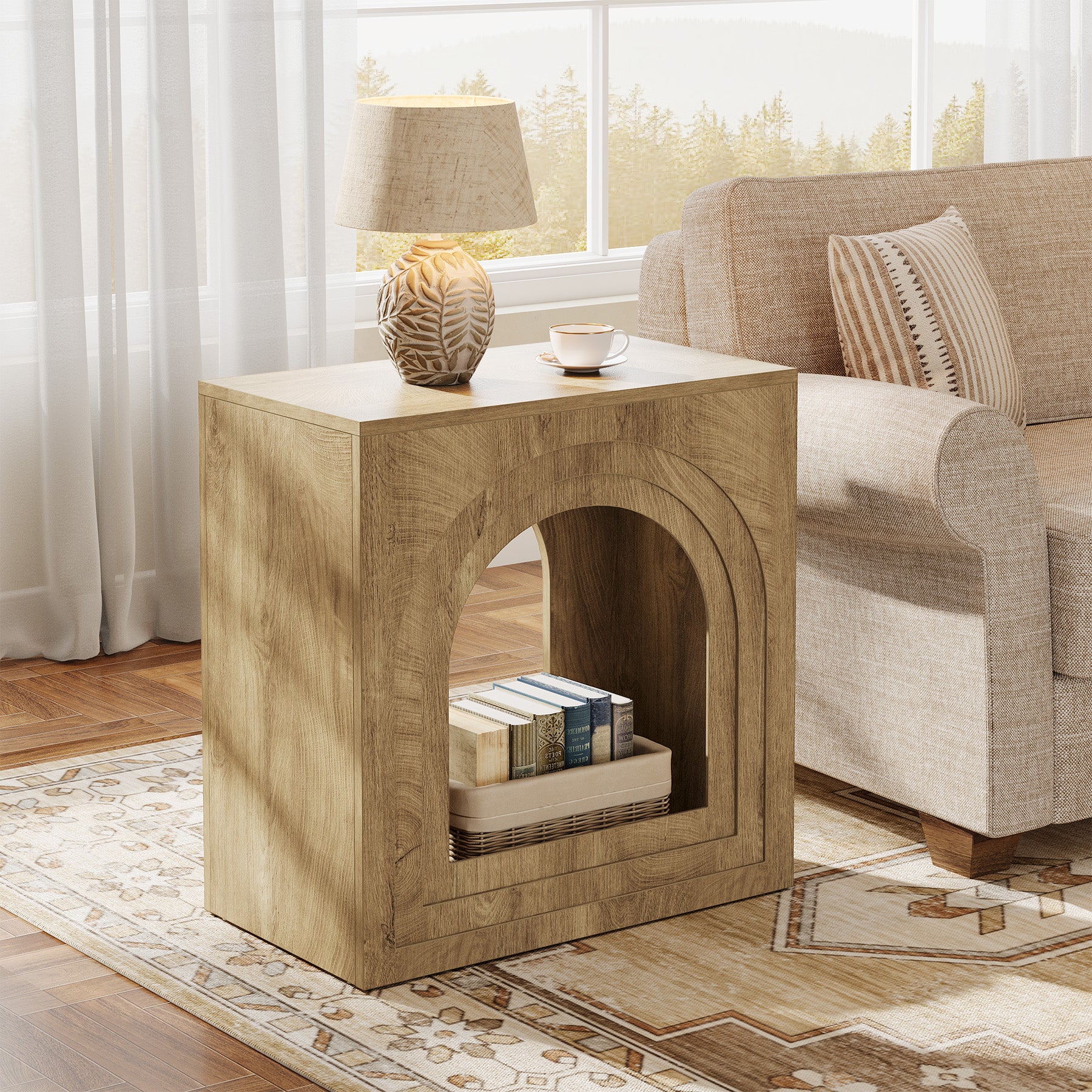 Tribesigns 2-Tier Square End Table, Farmhouse Side Table with Arched Shelf