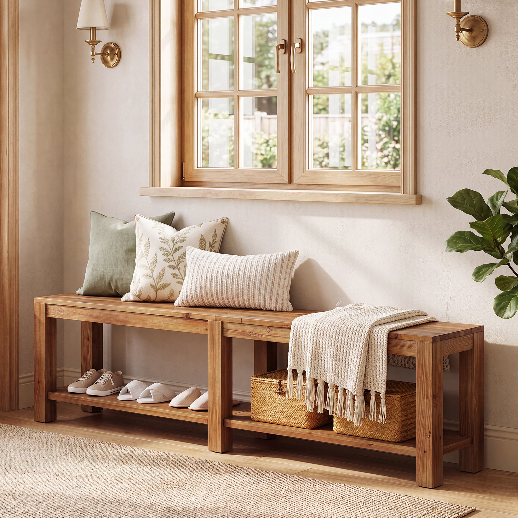 71" Farmhouse Entryway Bench with Storage Shelf, Solid Wood Shoe Bench, Hallway Mudroom
