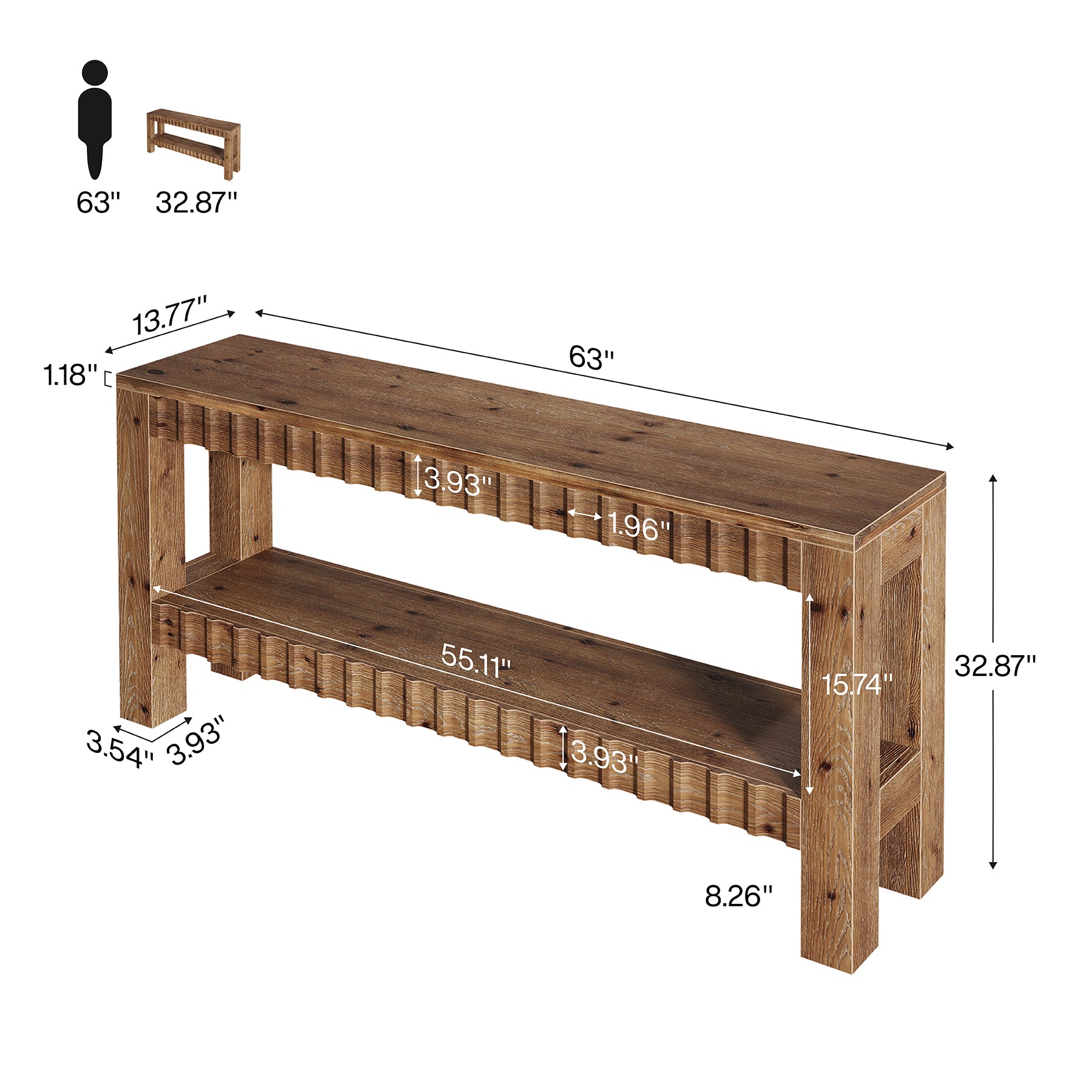 63" Solid Wood Console Table with Storage, Farmhouse Narrow Sofa & Entryway Table with 2-Tier Shelf