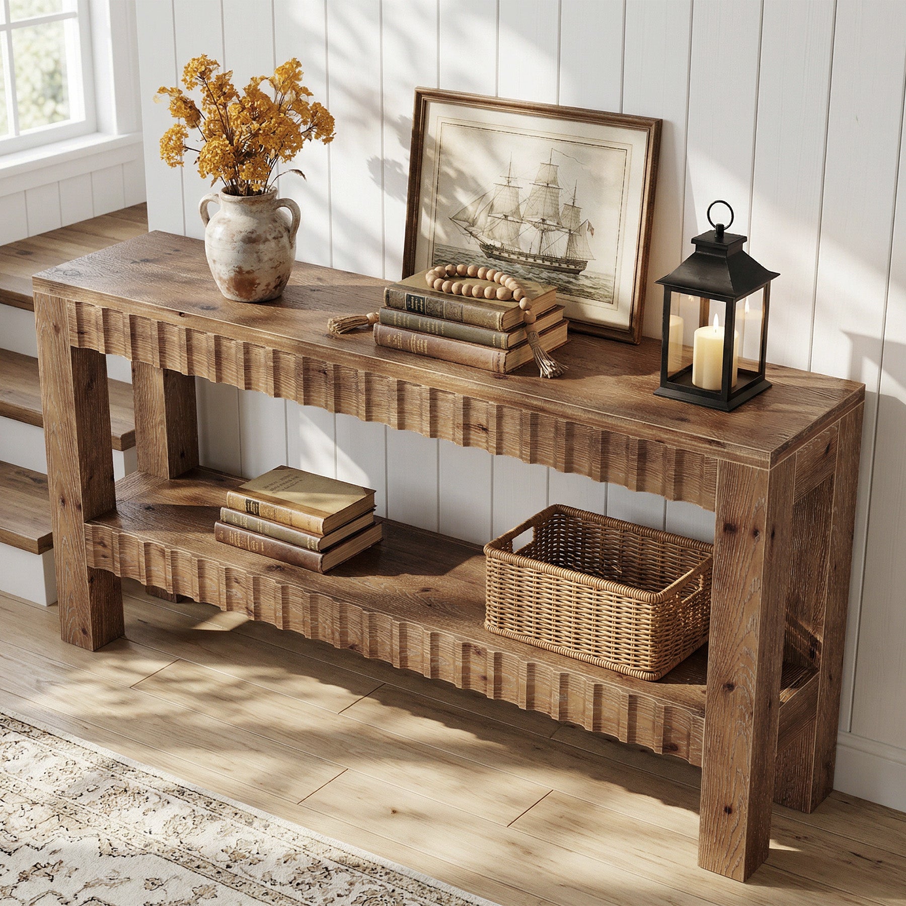 63" Solid Wood Console Table with Storage, Farmhouse Narrow Sofa & Entryway Table with 2-Tier Shelf