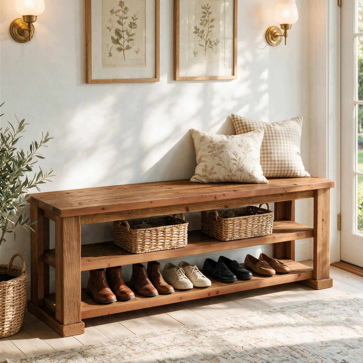 63" Rustic Solid Wood Entryway Bench, 3-Tier Shoe Storage, Reinforced Legs
