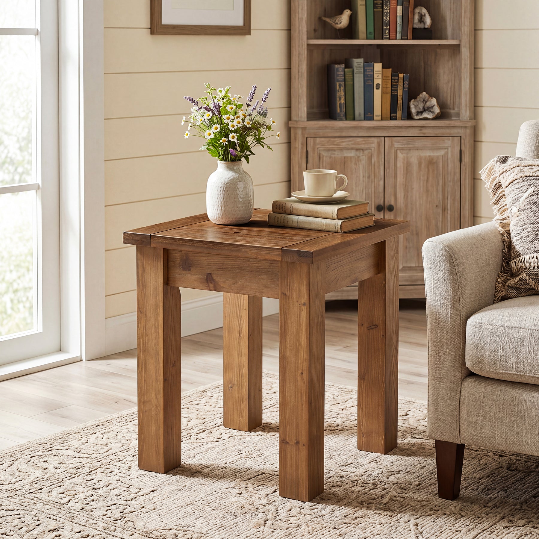 Square Solid Wood Side Table, Farmhouse End Tale with Stable Legs for Small Spaces