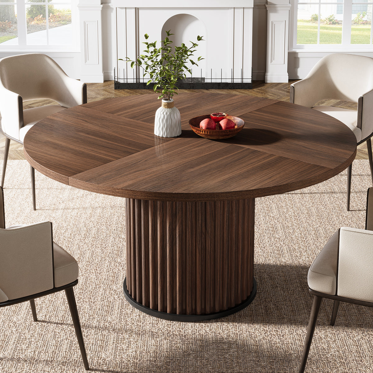 47" Round Dining Table, Wood Kitchen Table With Sturdy Fluted Metal Base